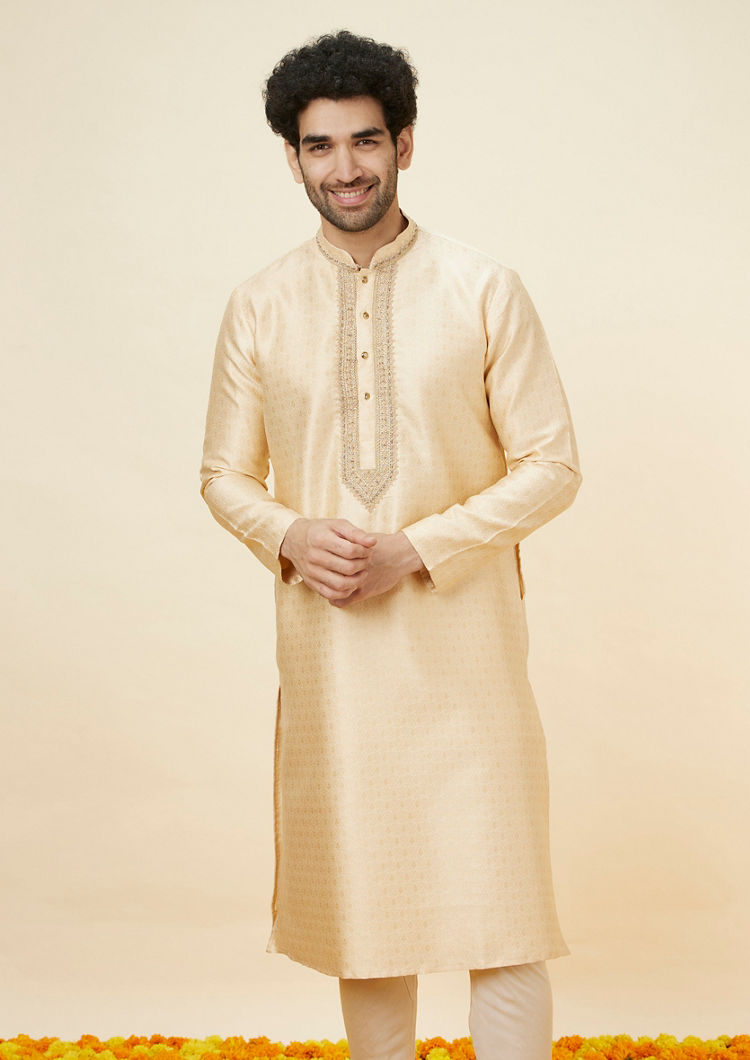 Twamev Men Beige Ogee Patterned Brocade Kurta Set