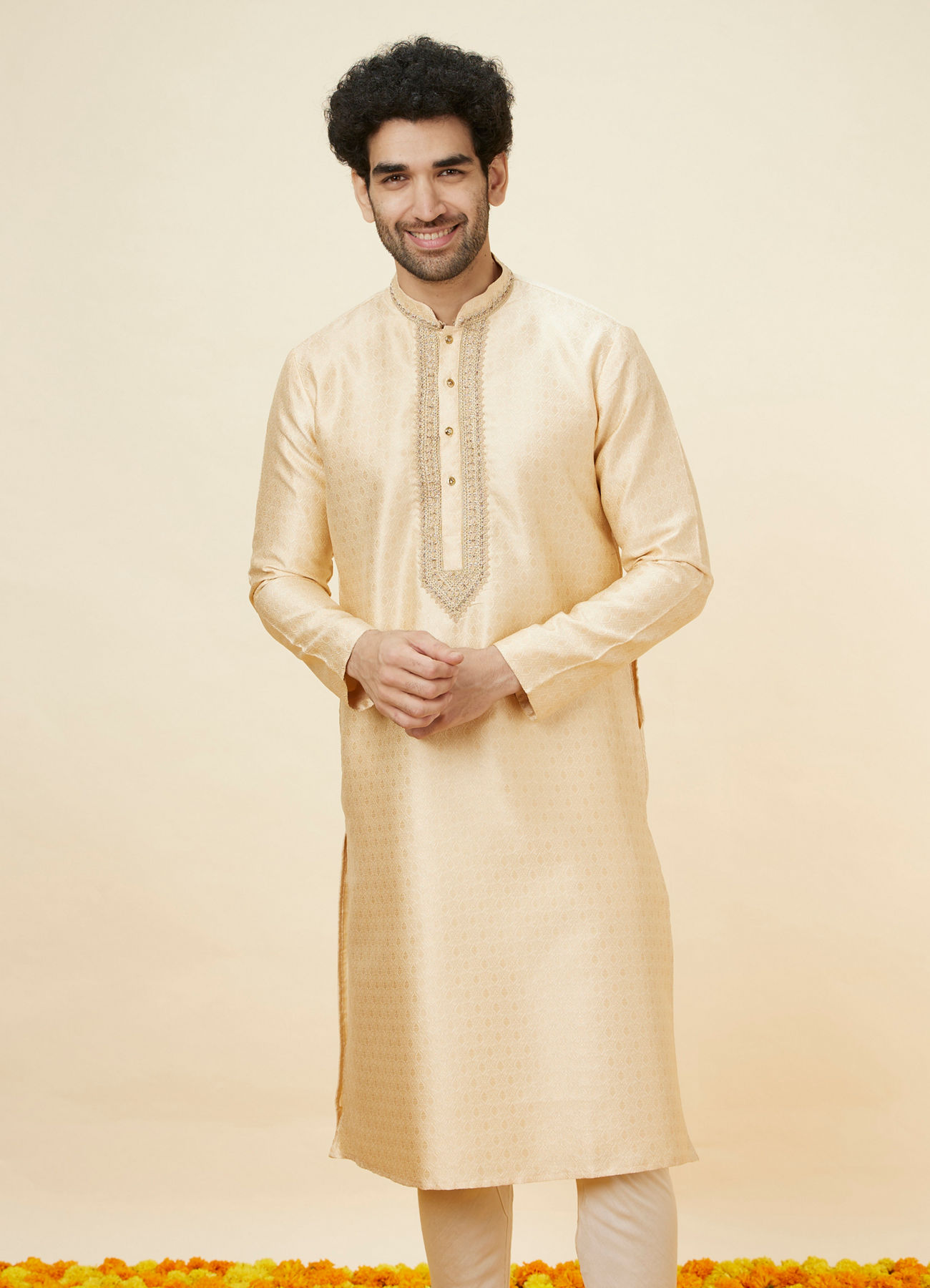 Twamev Men Beige Ogee Patterned Brocade Kurta Set