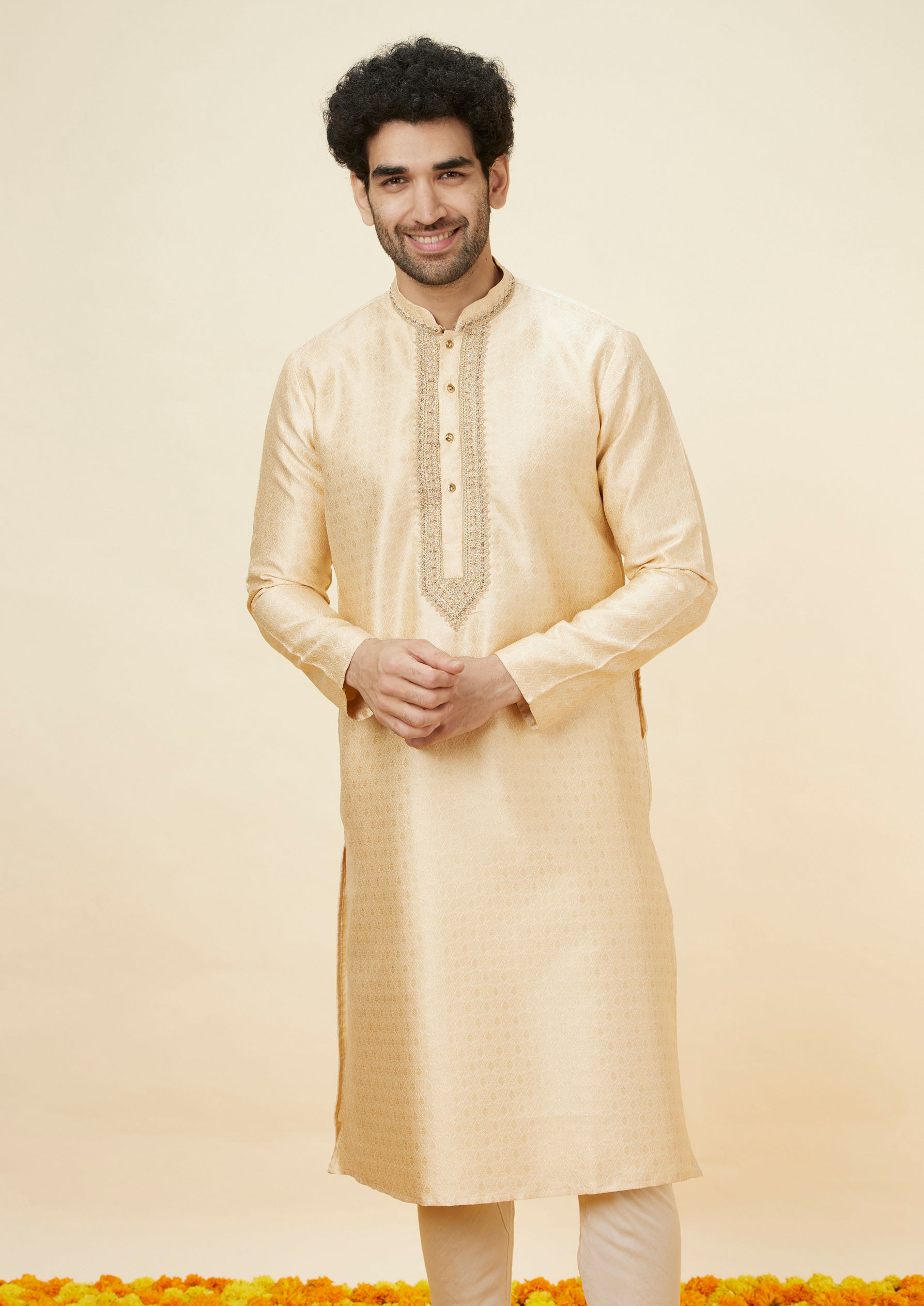 Twamev Men Beige Ogee Patterned Brocade Kurta Set