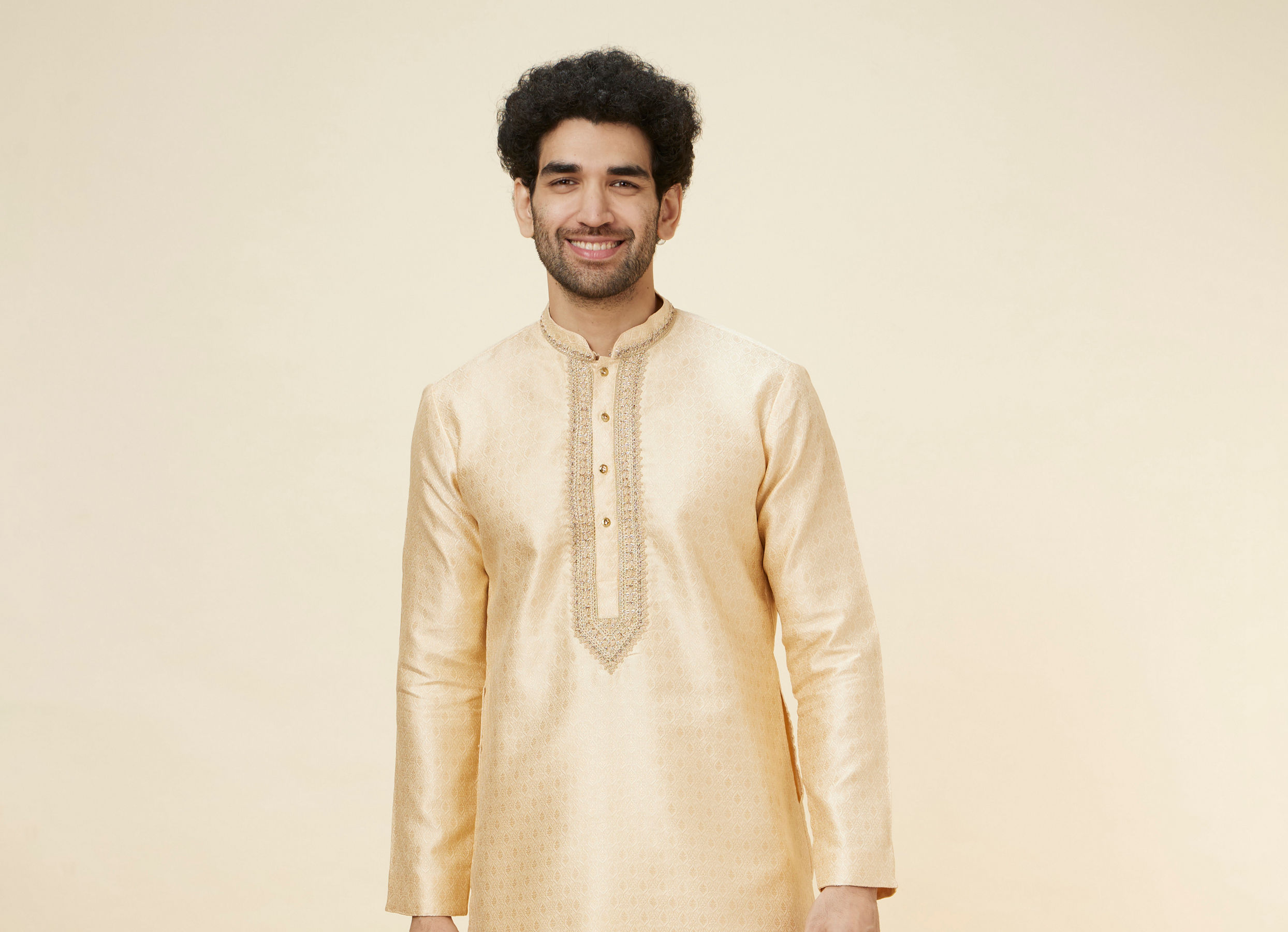 Twamev Men Beige Ogee Patterned Brocade Kurta Set