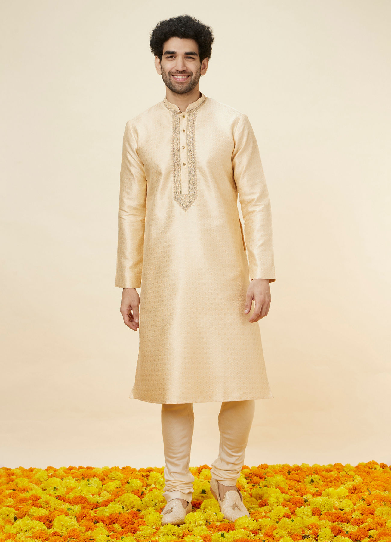 Twamev Men Beige Ogee Patterned Brocade Kurta Set