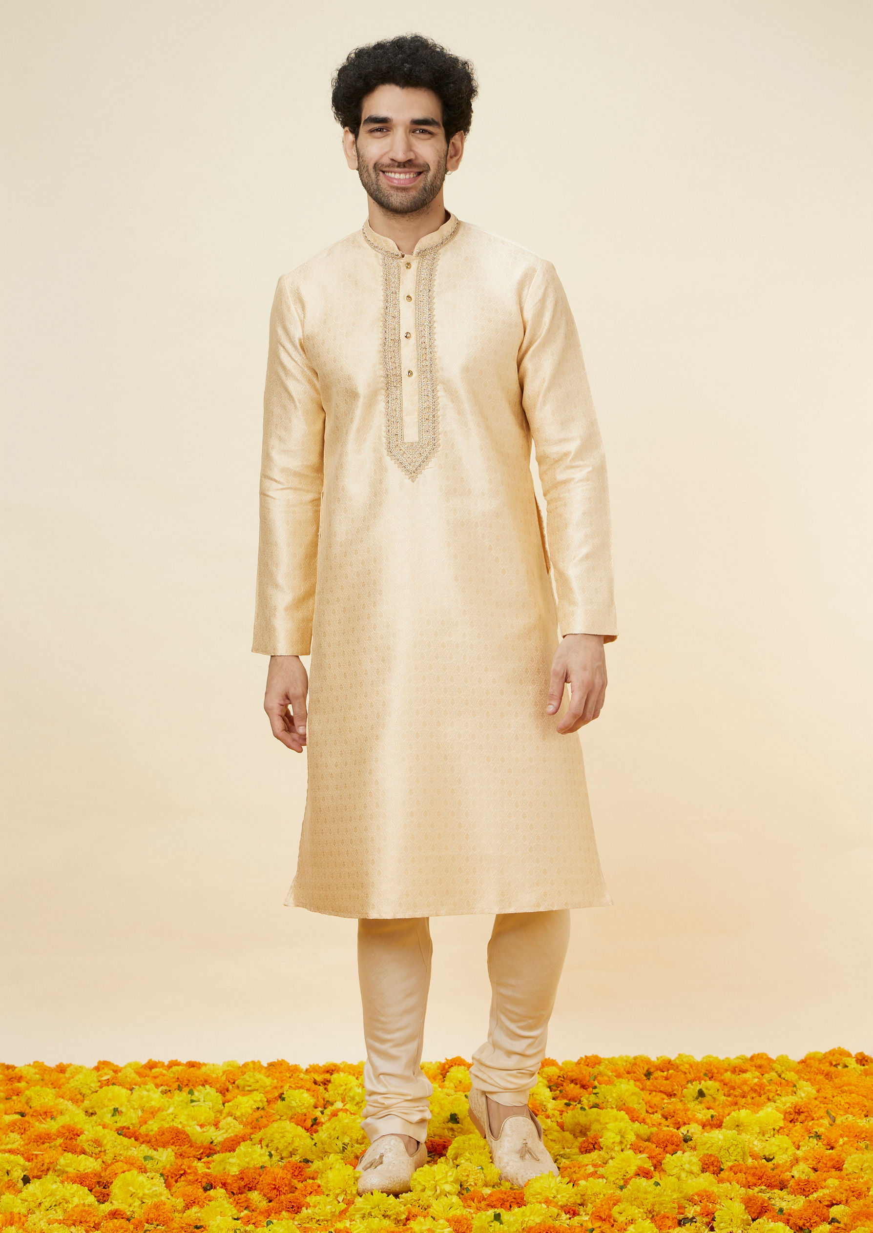 Twamev Men Beige Ogee Patterned Brocade Kurta Set