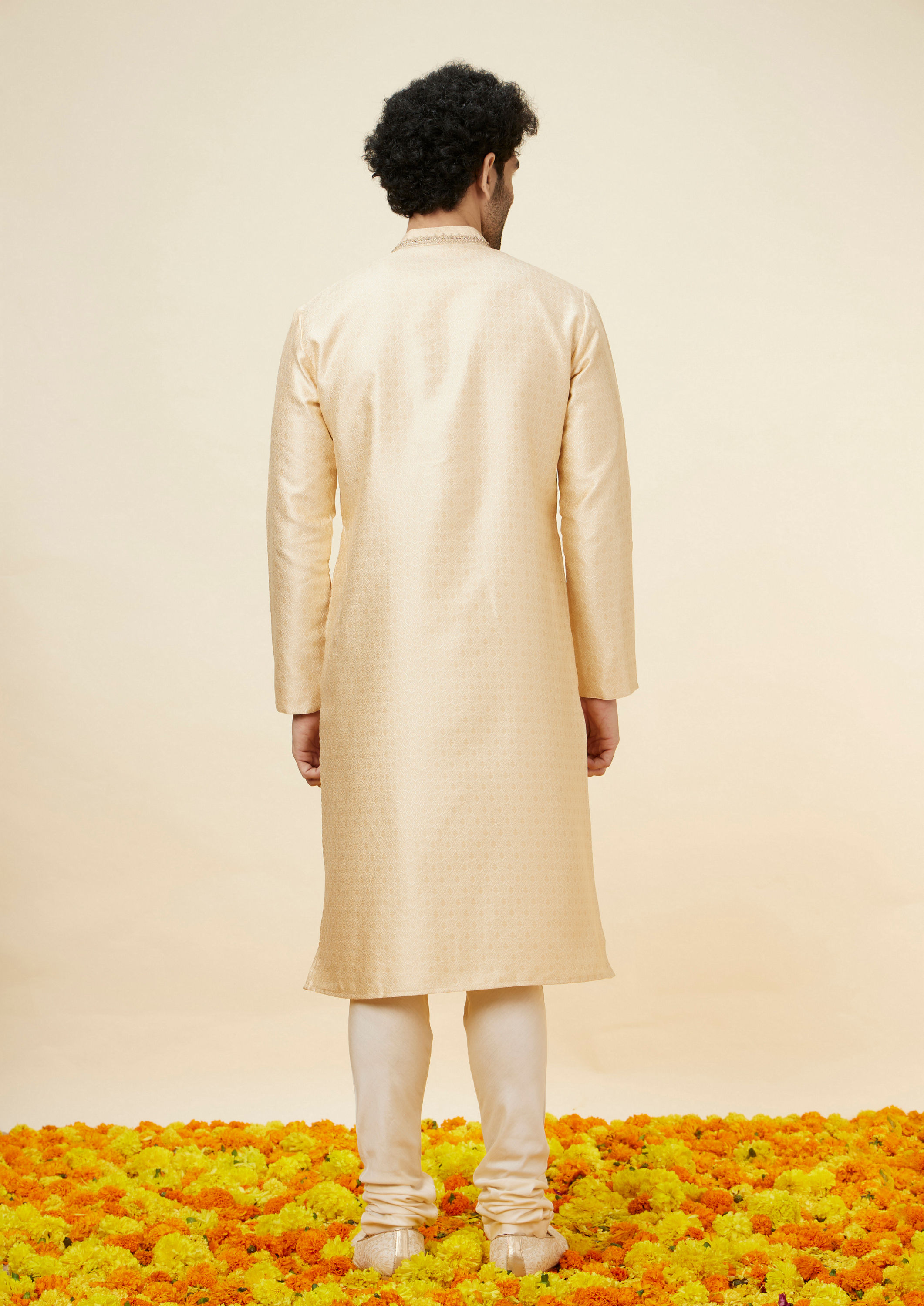 Twamev Men Beige Ogee Patterned Brocade Kurta Set