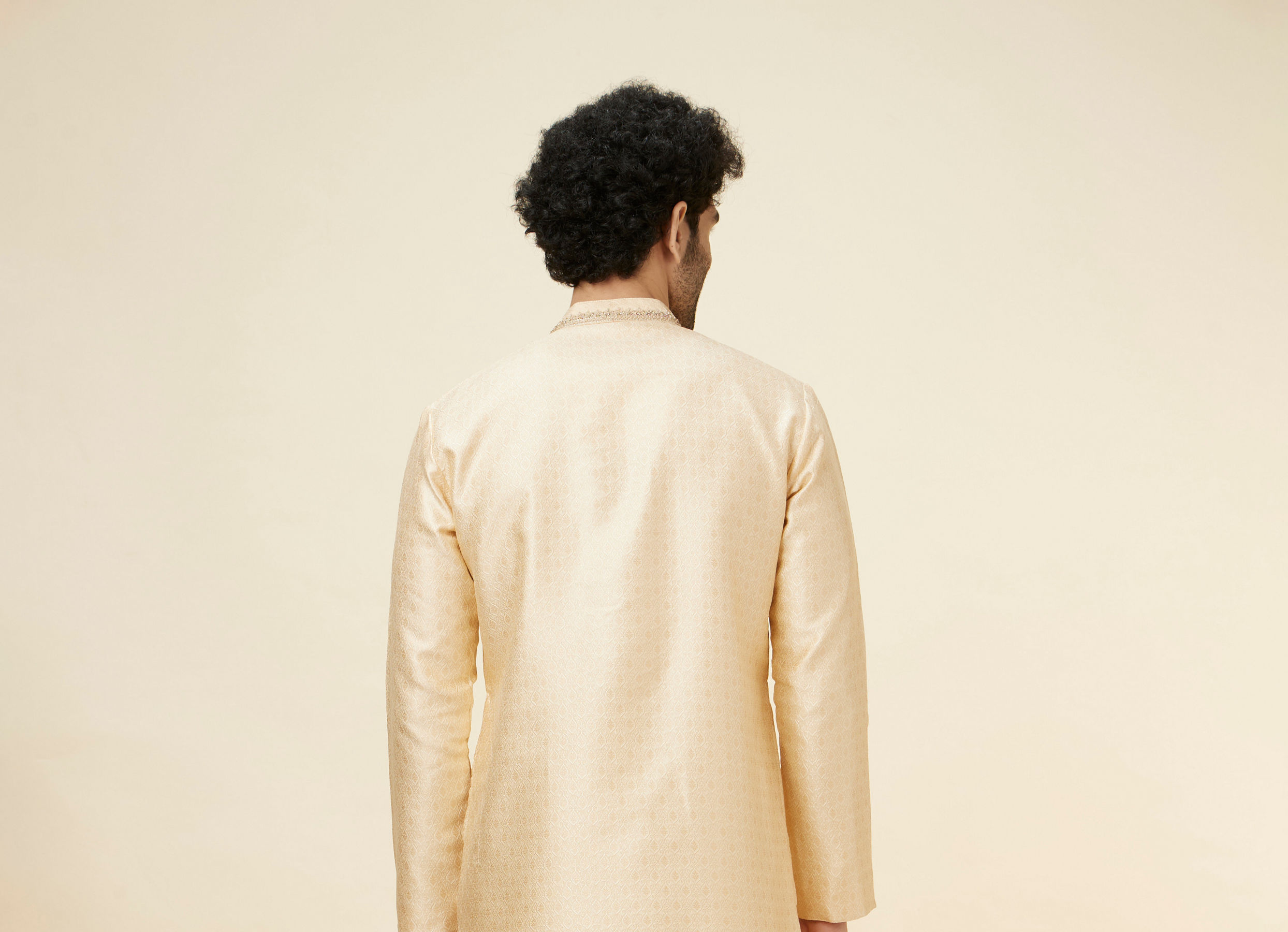 Twamev Men Beige Ogee Patterned Brocade Kurta Set