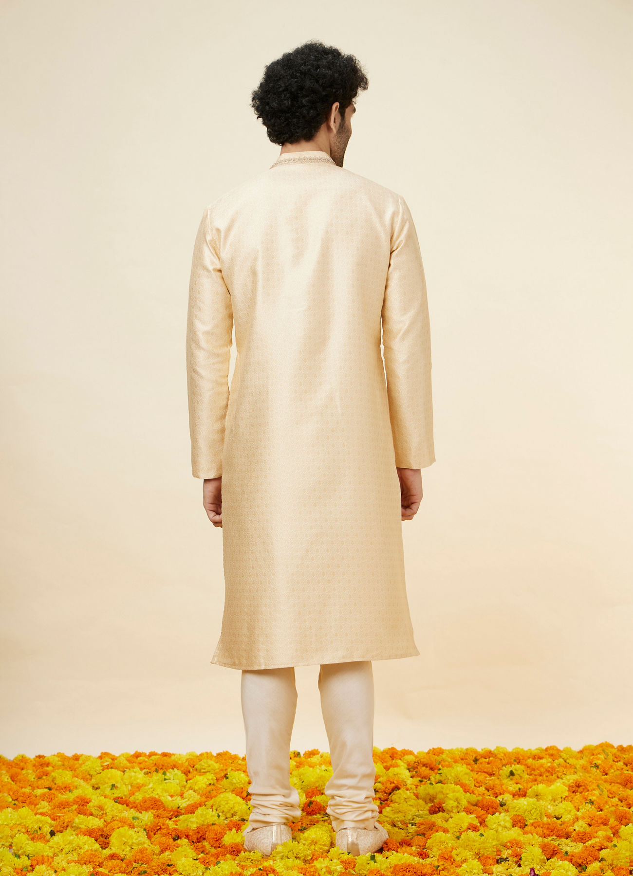 Twamev Men Beige Ogee Patterned Brocade Kurta Set