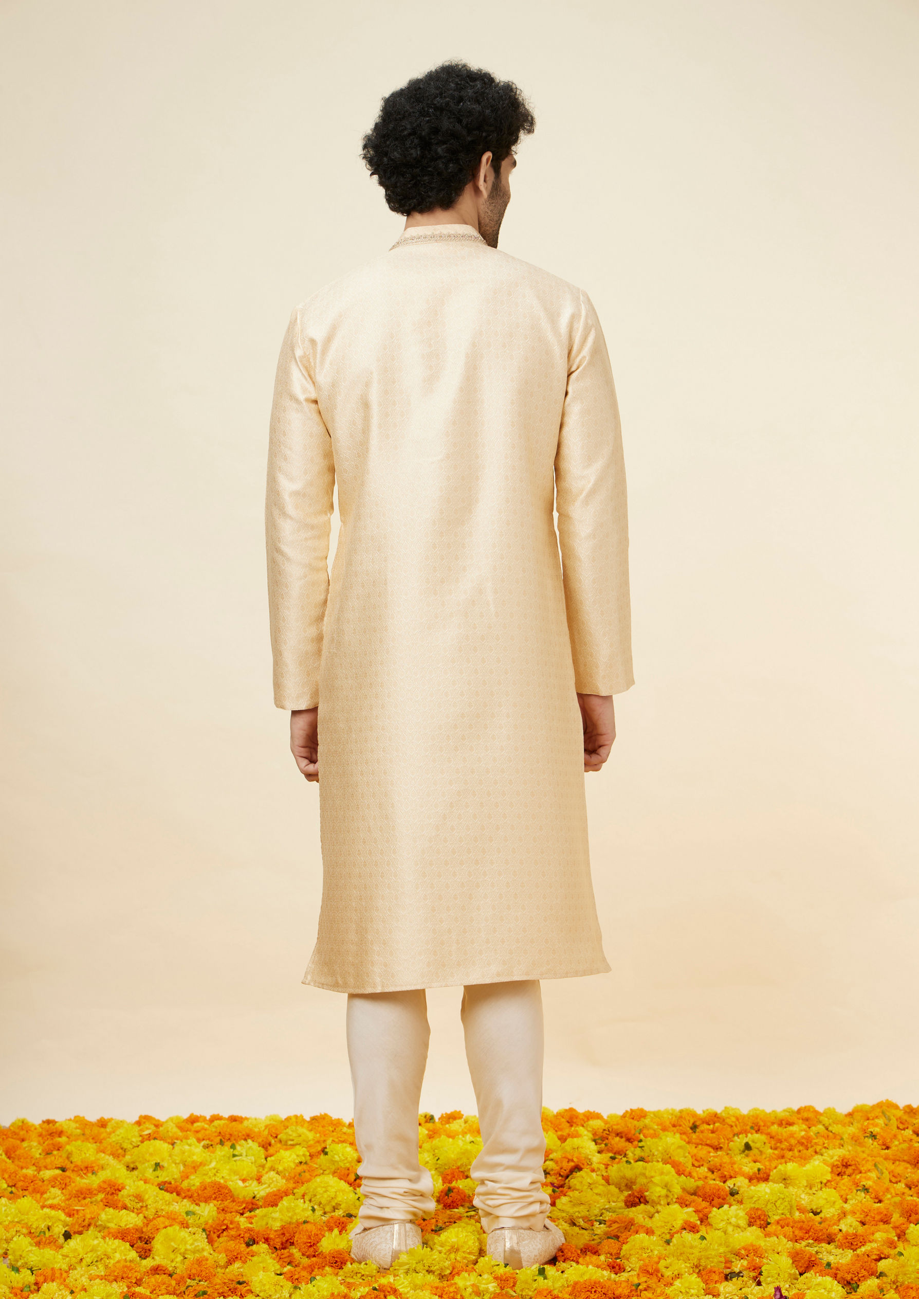 Twamev Men Beige Ogee Patterned Brocade Kurta Set