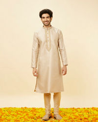 Twamev Men Peachy Pink Embroidered Placket Petal Patterned Kurta Set