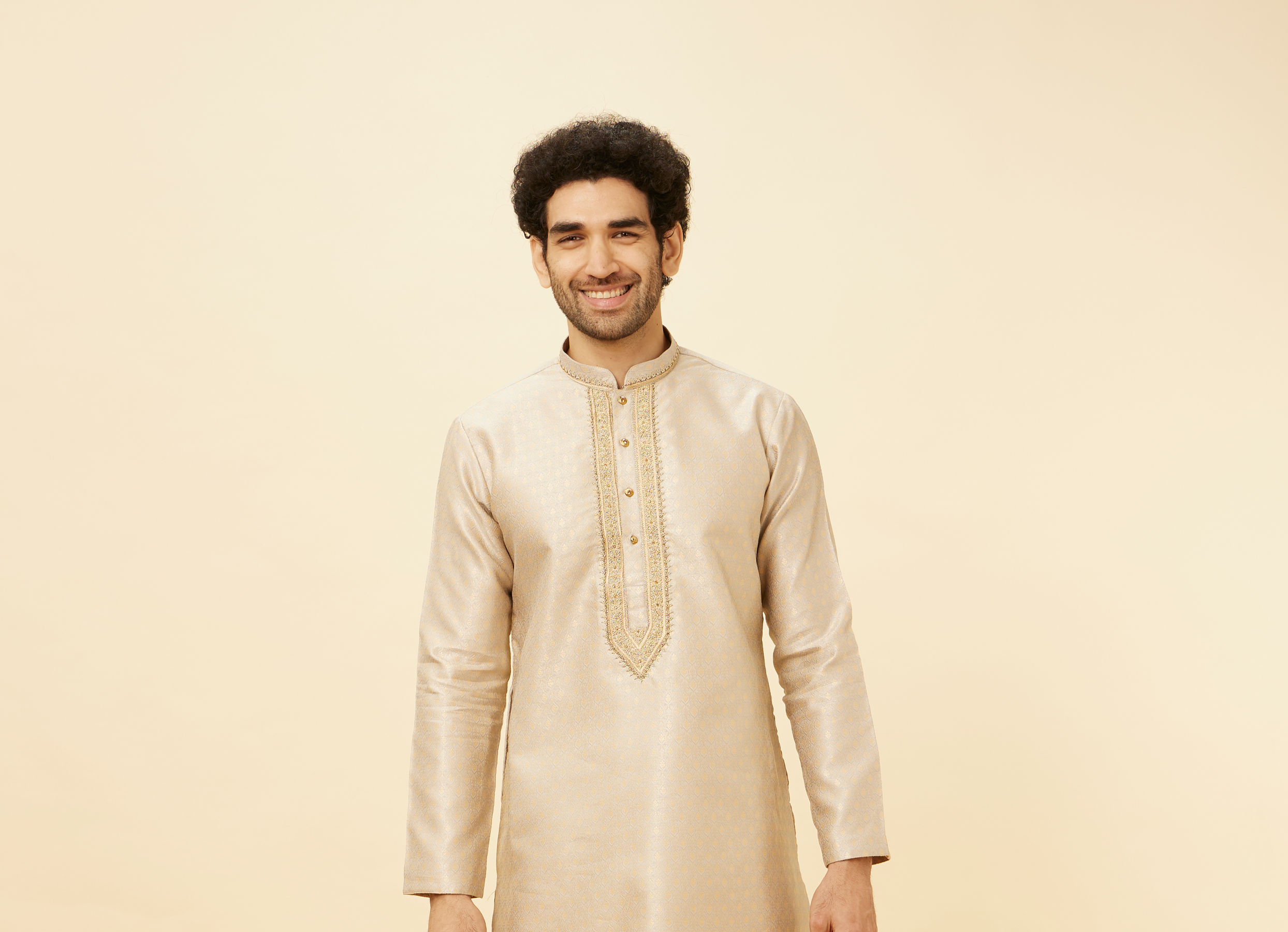 Twamev Men Peachy Pink Embroidered Placket Petal Patterned Kurta Set