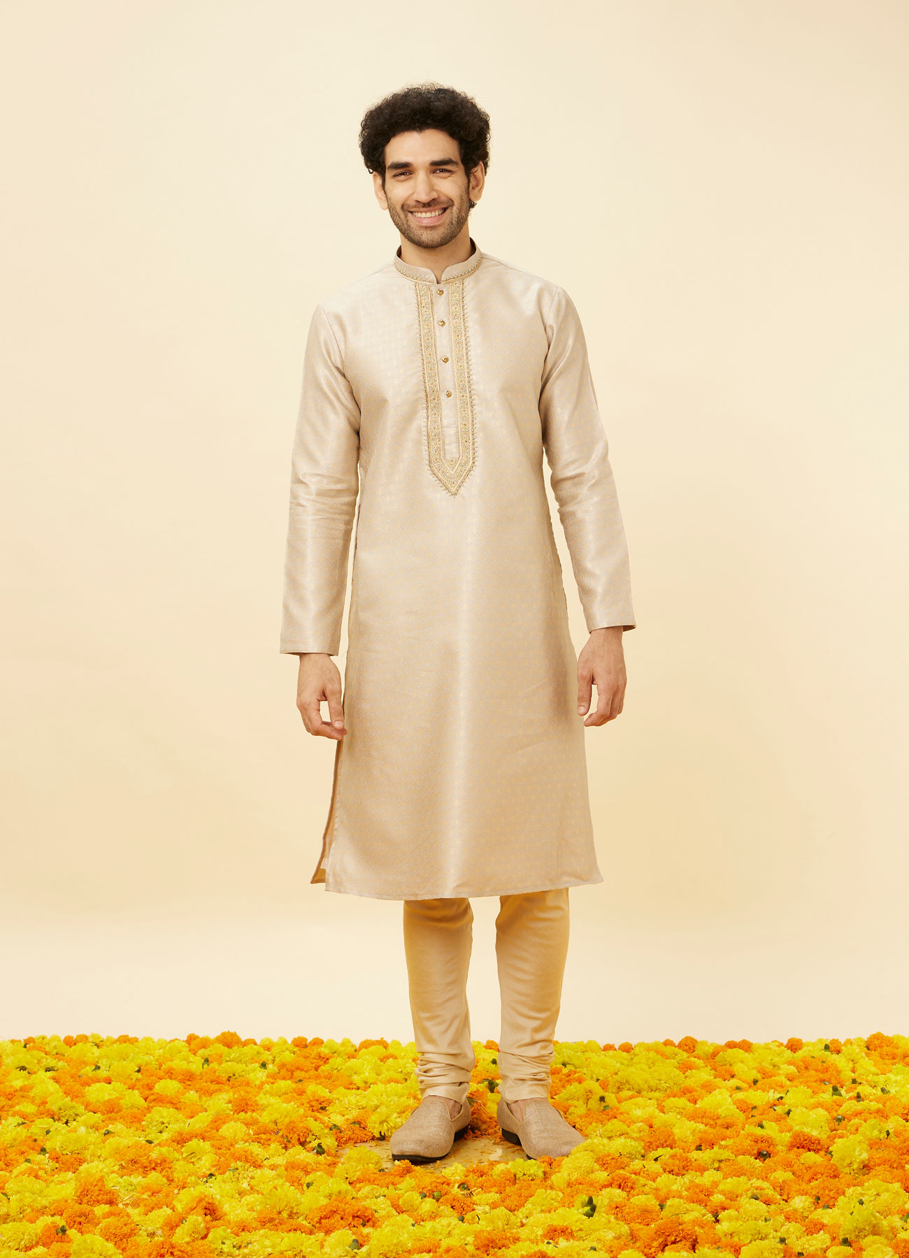 Twamev Men Peachy Pink Embroidered Placket Petal Patterned Kurta Set