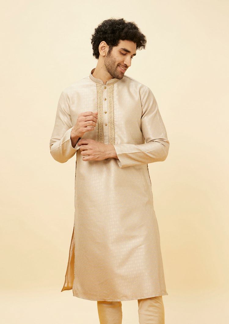Twamev Men Peachy Pink Embroidered Placket Petal Patterned Kurta Set