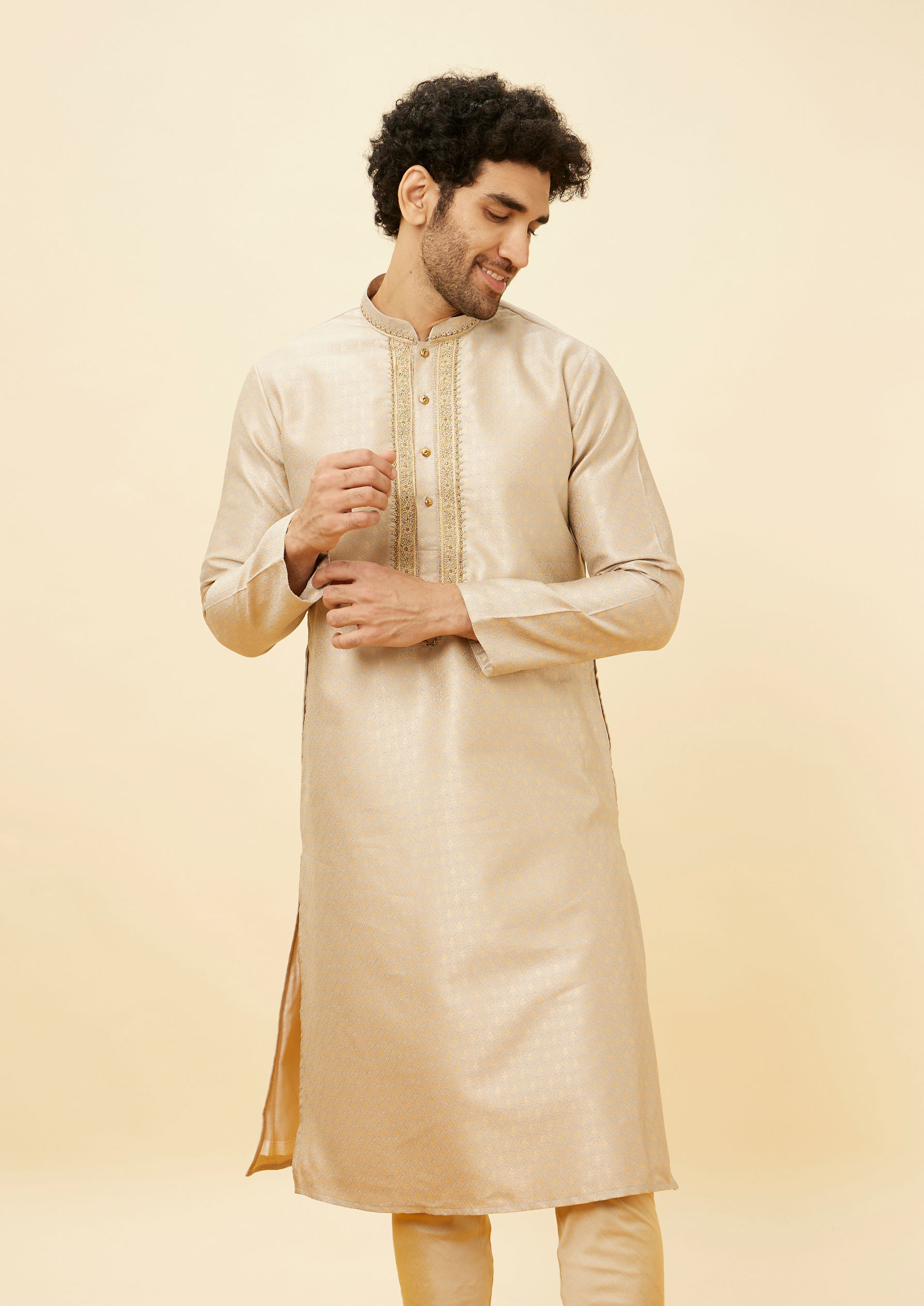 Twamev Men Peachy Pink Embroidered Placket Petal Patterned Kurta Set