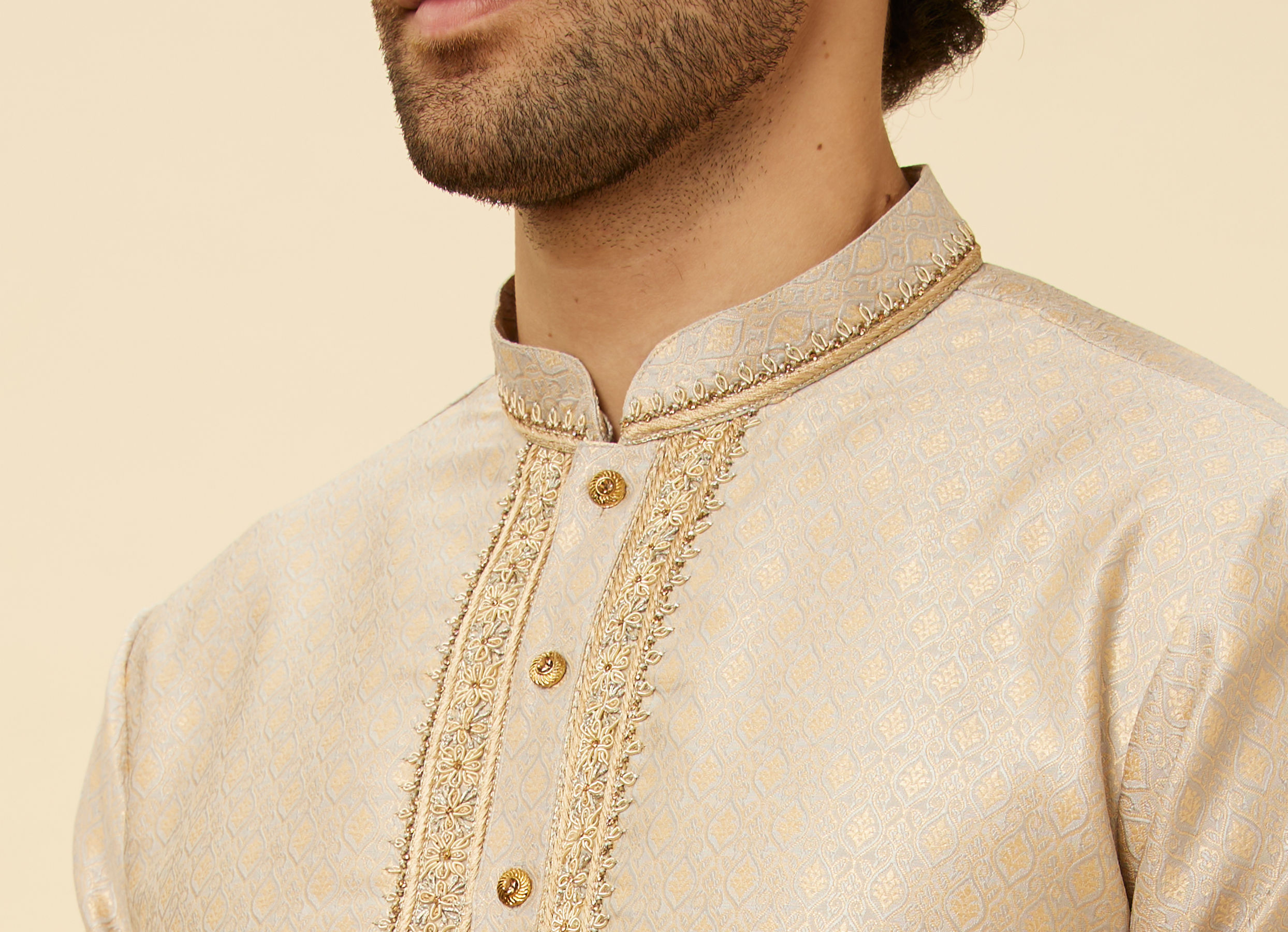 Twamev Men Peachy Pink Embroidered Placket Petal Patterned Kurta Set