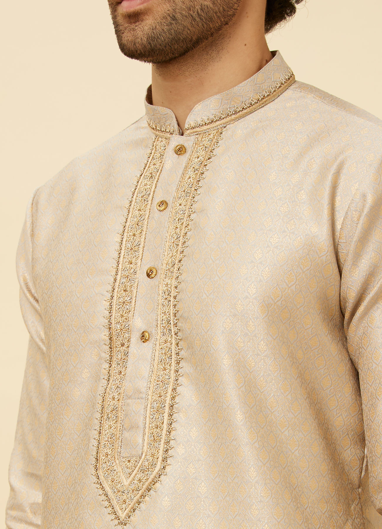 Twamev Men Peachy Pink Embroidered Placket Petal Patterned Kurta Set