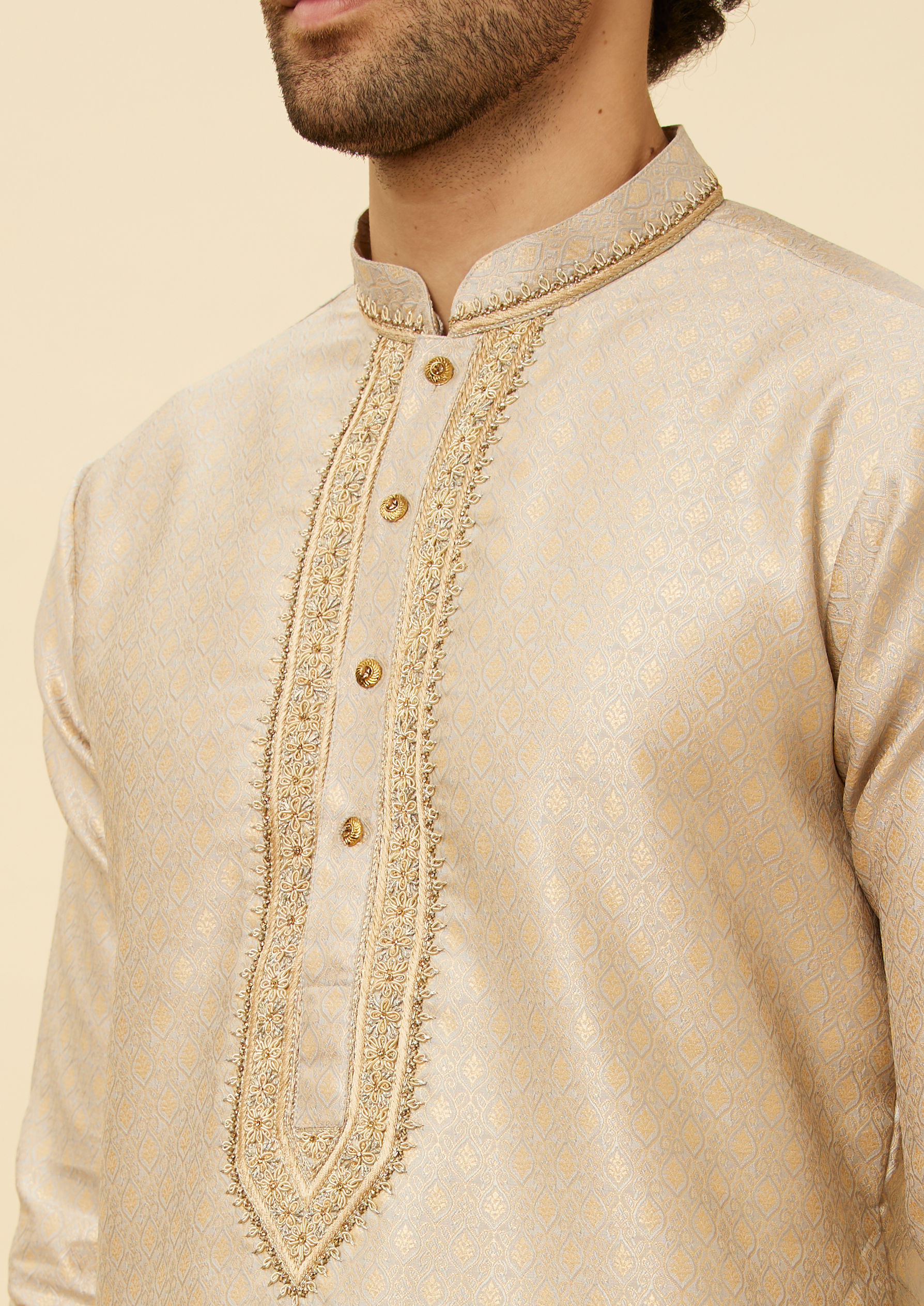 Twamev Men Peachy Pink Embroidered Placket Petal Patterned Kurta Set