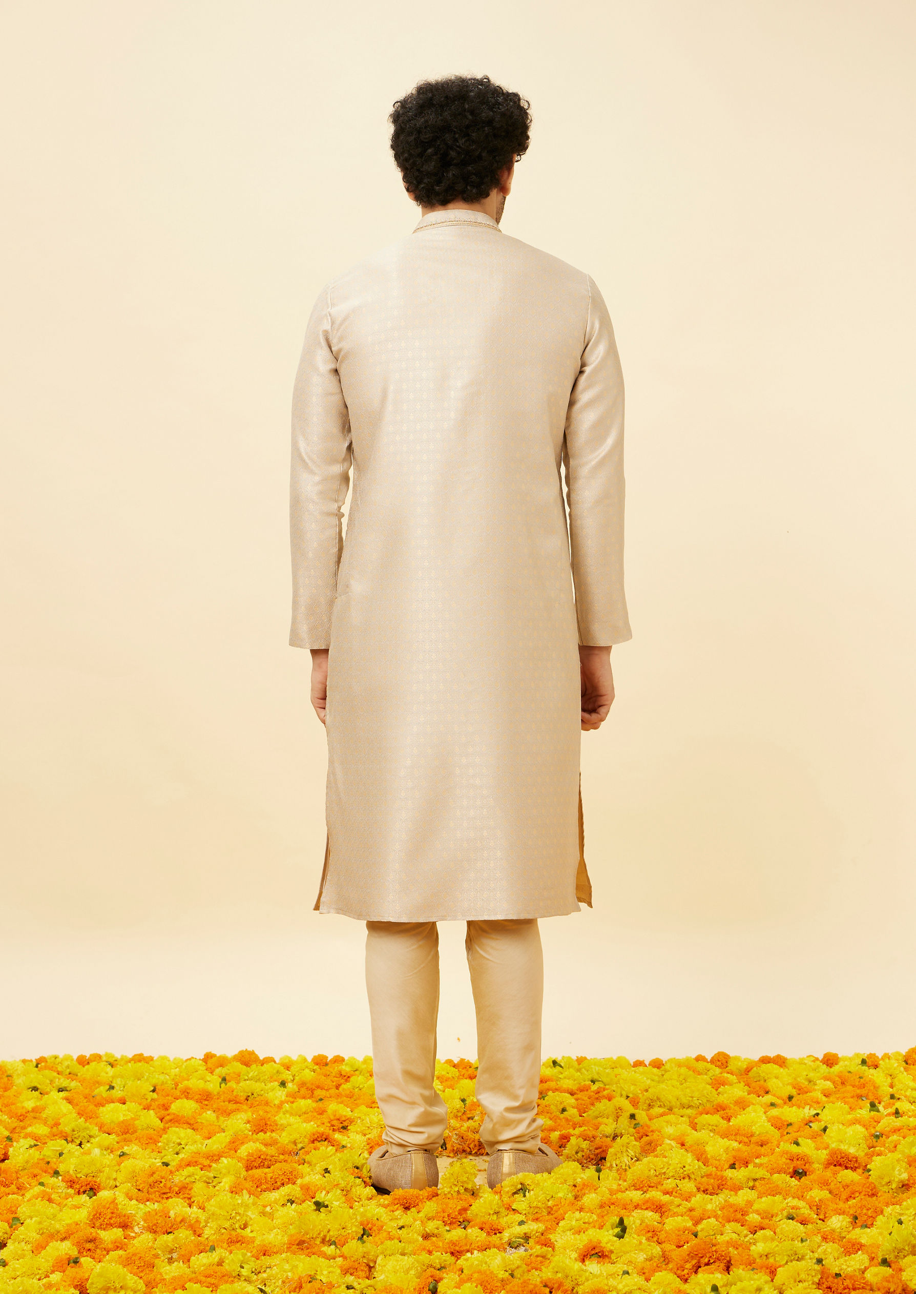 Twamev Men Peachy Pink Embroidered Placket Petal Patterned Kurta Set