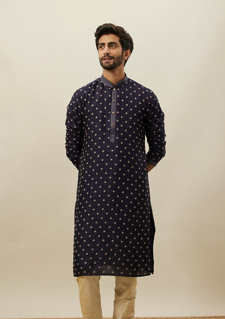 Twamev Men Dark Blue Embroidered Kurta Set