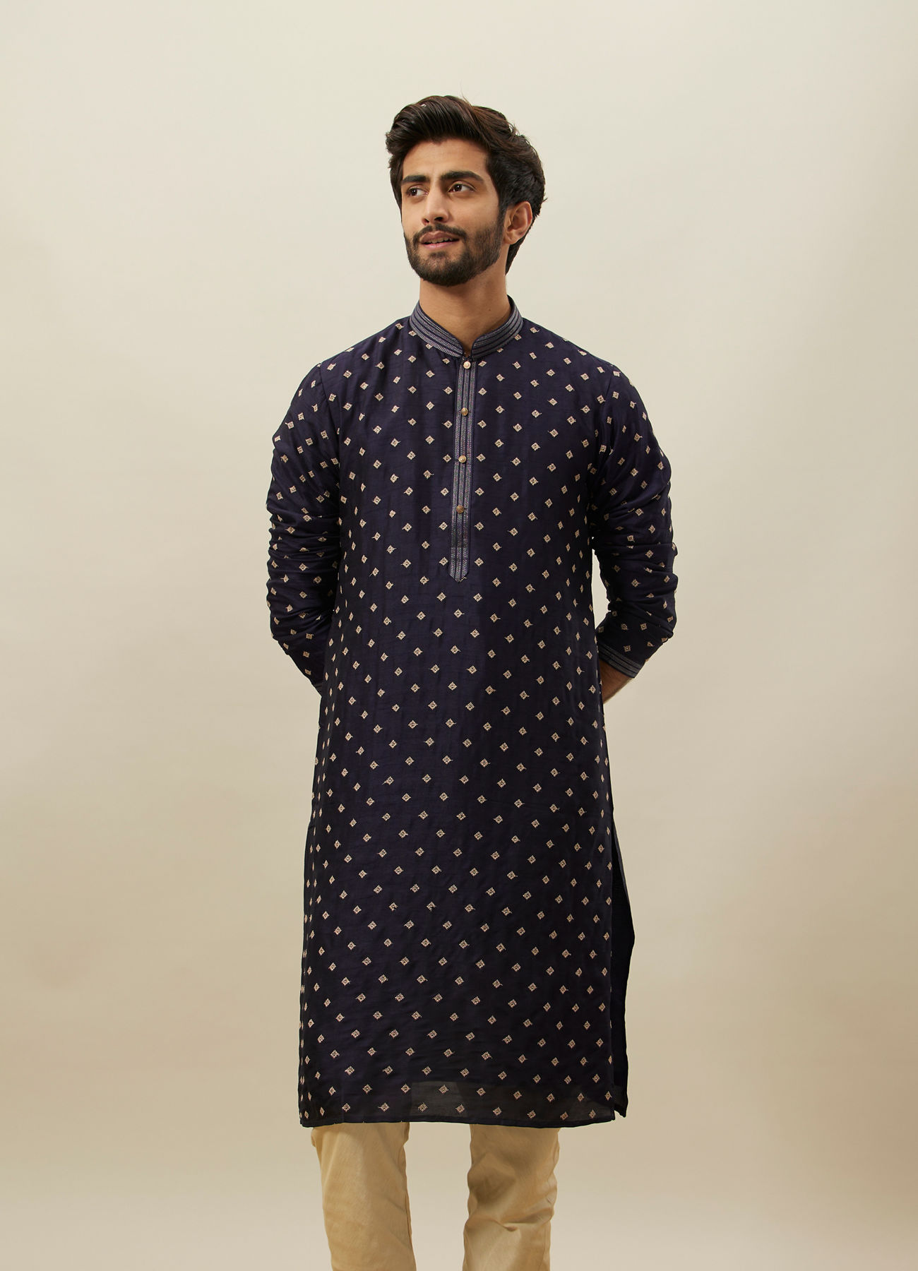 Twamev Men Dark Blue Embroidered Kurta Set