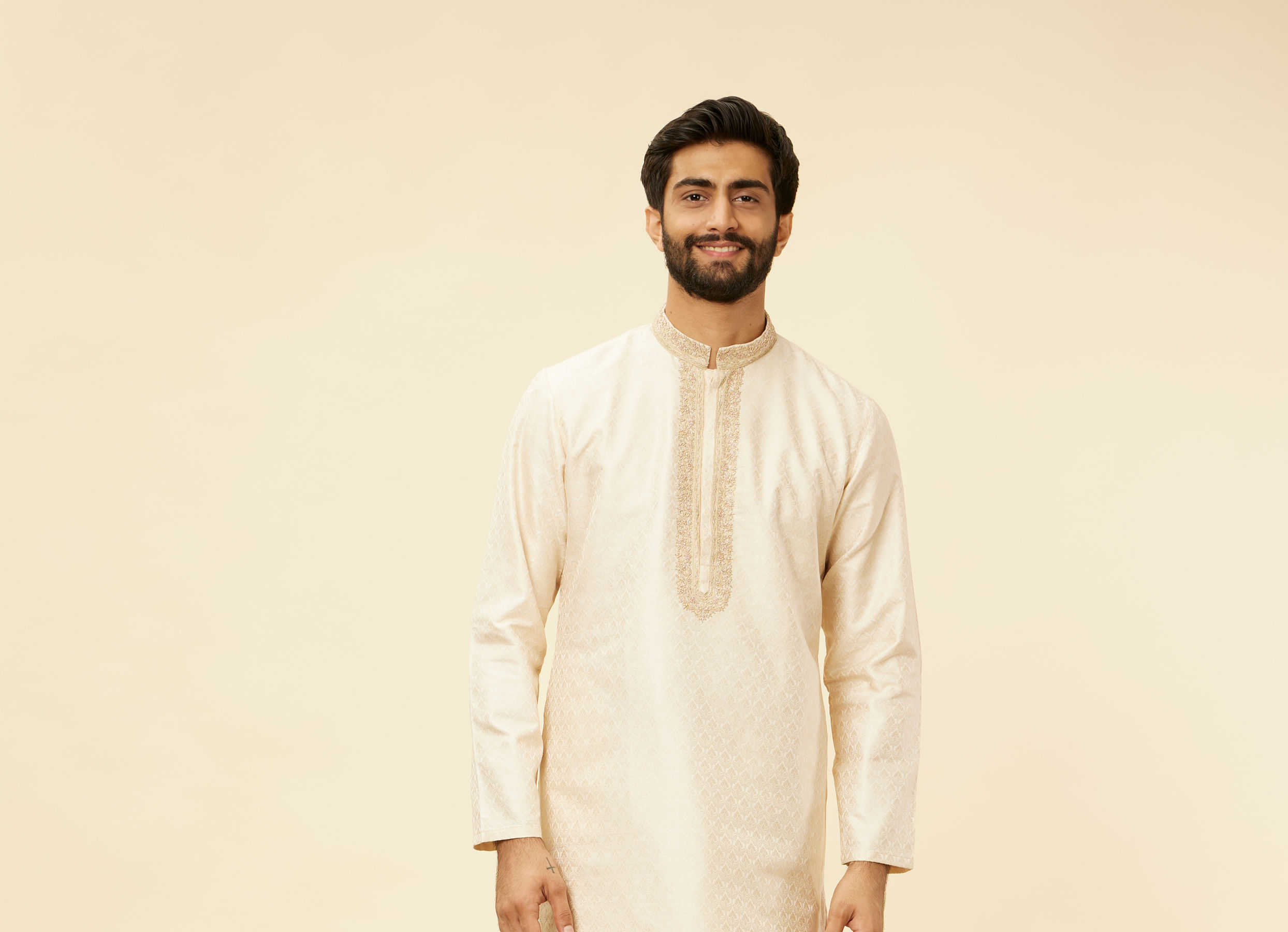 Twamev Men Twinkling Cream Brocade Kurta Pajama