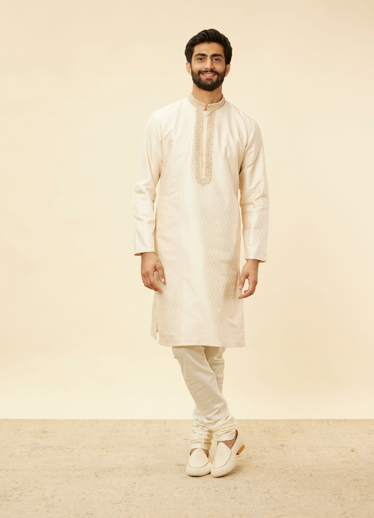 Twamev Men Twinkling Cream Brocade Kurta Pajama