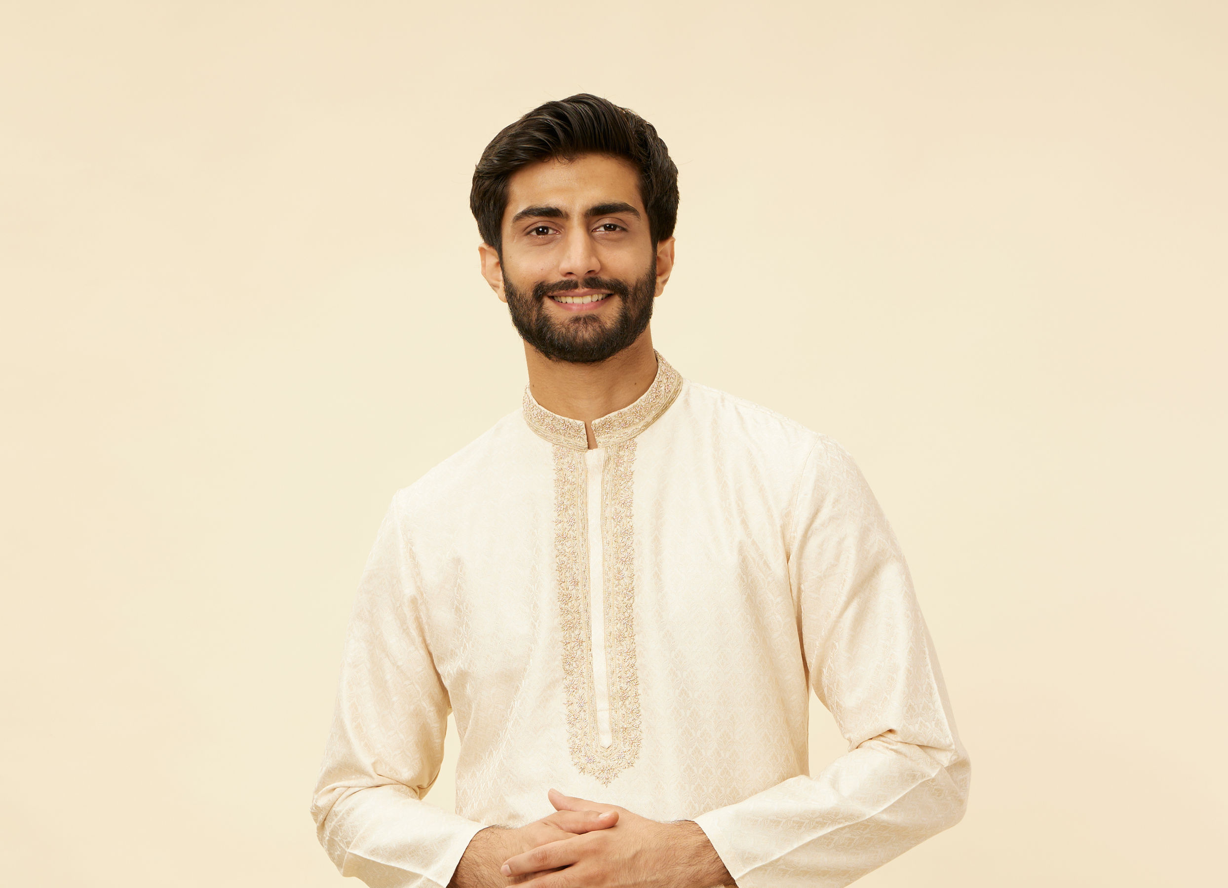Twamev Men Twinkling Cream Brocade Kurta Pajama