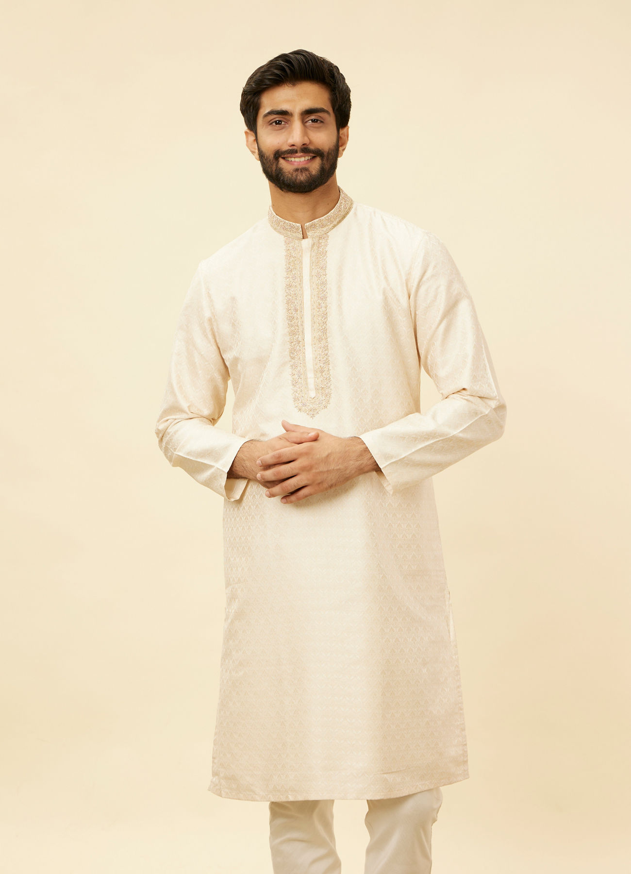 Twamev Men Twinkling Cream Brocade Kurta Pajama
