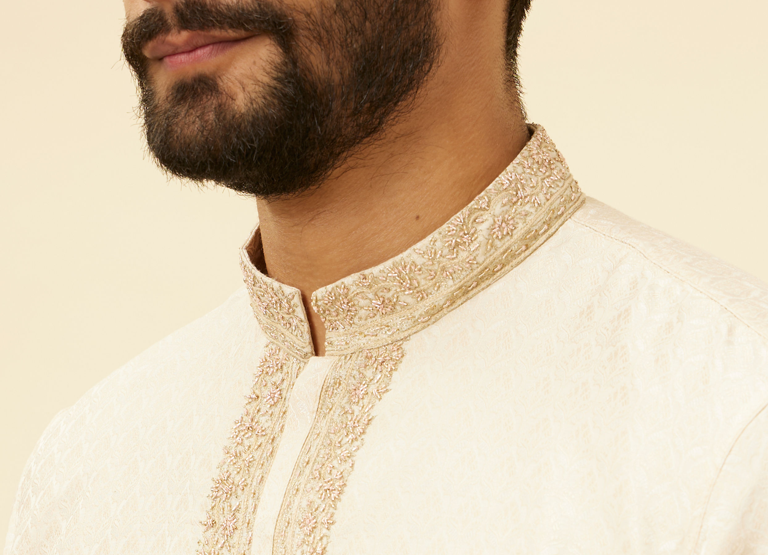 Twamev Men Twinkling Cream Brocade Kurta Pajama