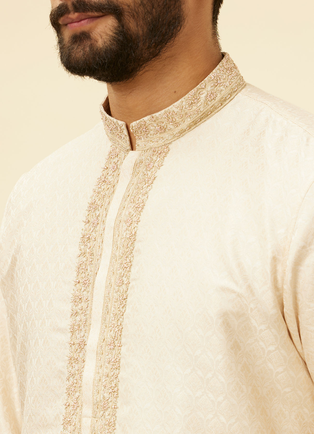 Twamev Men Twinkling Cream Brocade Kurta Pajama