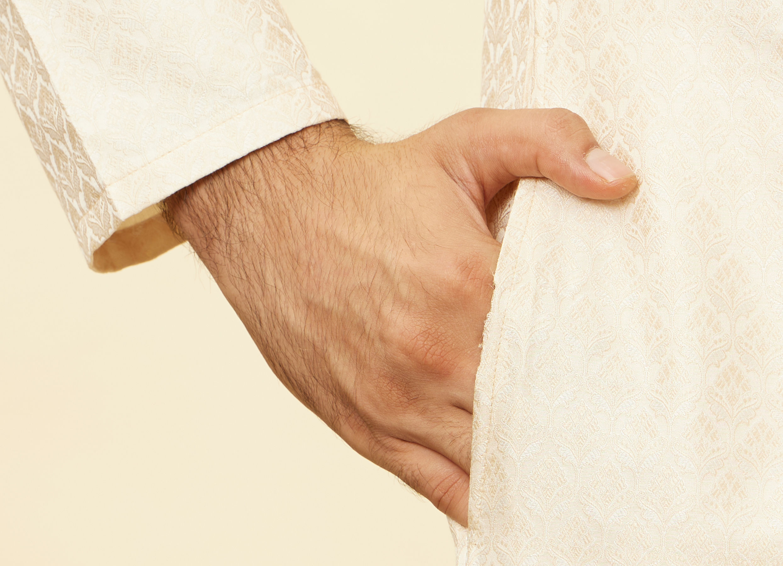 Twamev Men Twinkling Cream Brocade Kurta Pajama