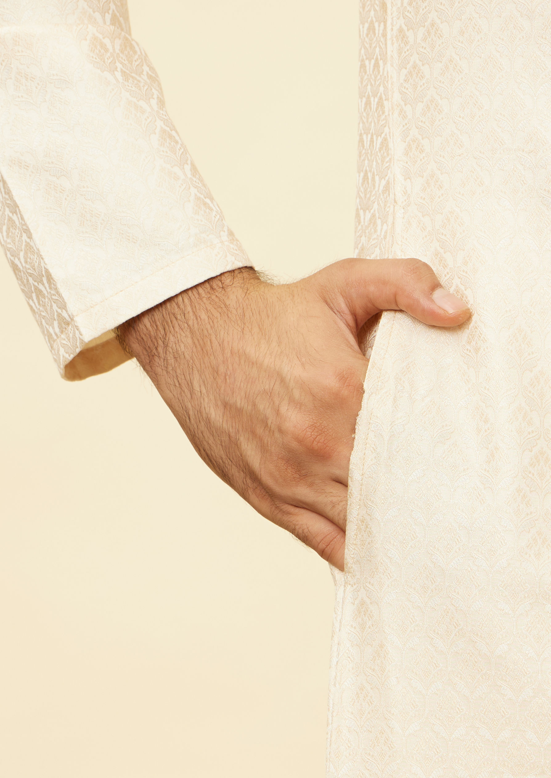 Twamev Men Twinkling Cream Brocade Kurta Pajama