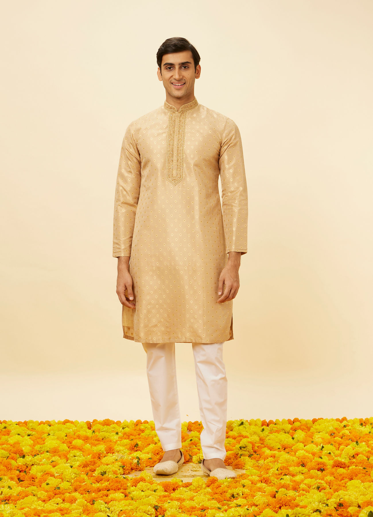 Twamev Men Lemonade Pink Embroidered Placket Floral Motif Kurta