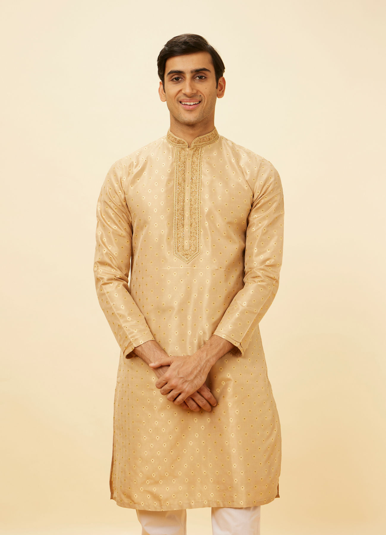 Twamev Men Lemonade Pink Embroidered Placket Floral Motif Kurta