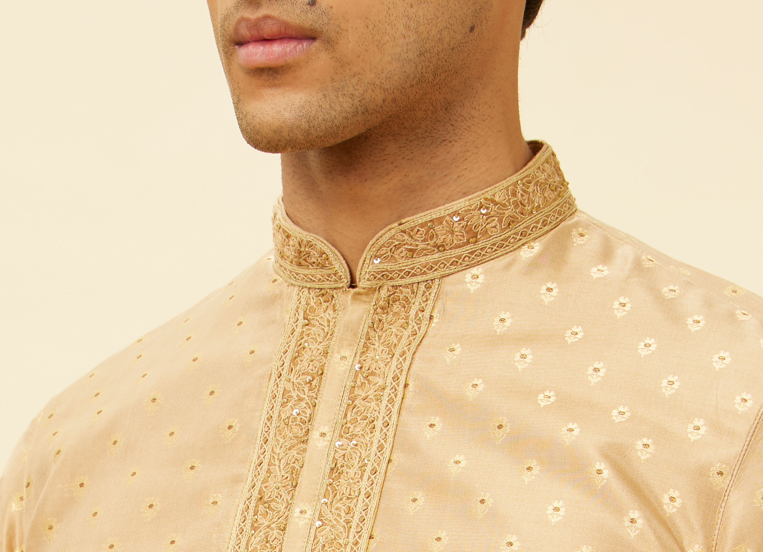 Twamev Men Lemonade Pink Embroidered Placket Floral Motif Kurta