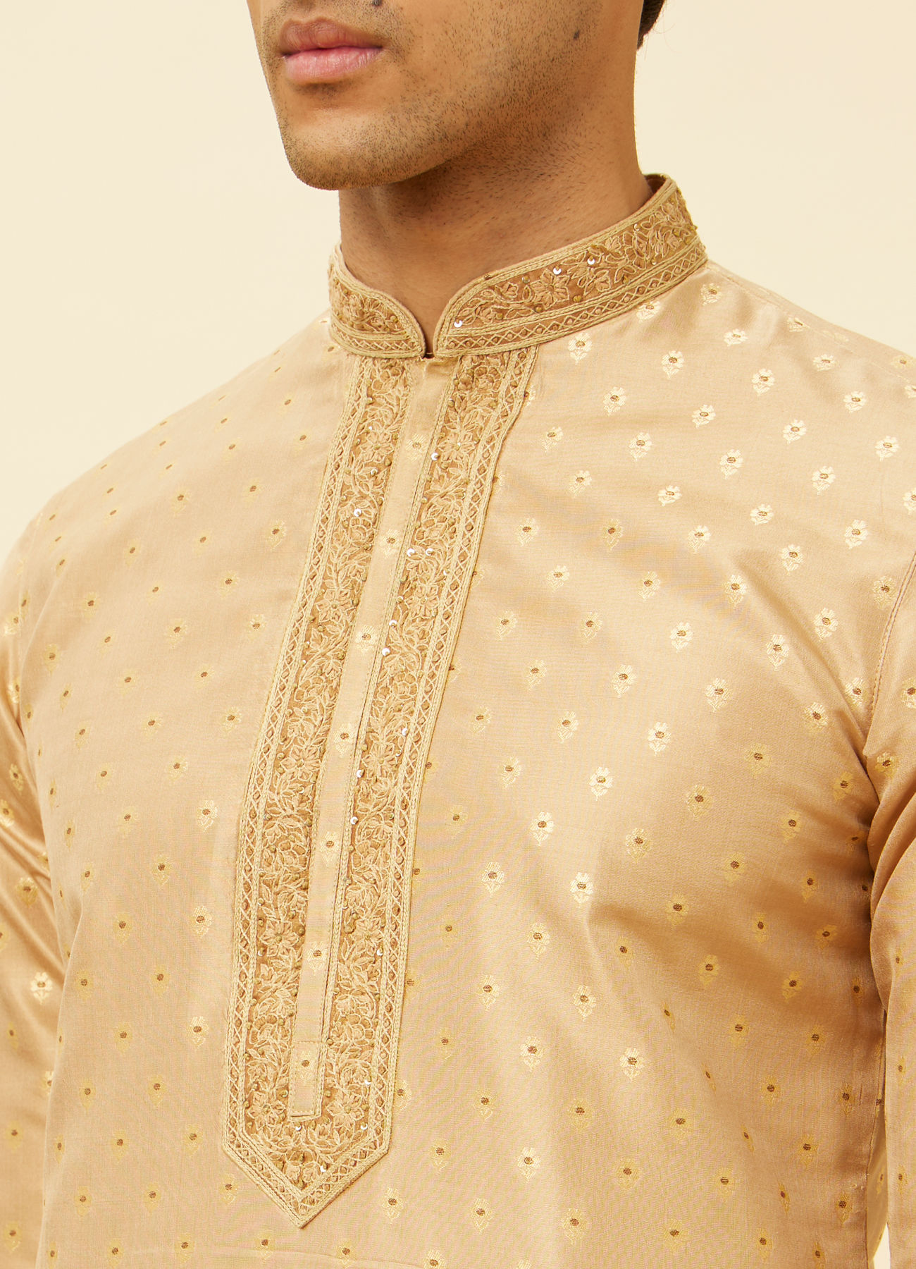 Twamev Men Lemonade Pink Embroidered Placket Floral Motif Kurta