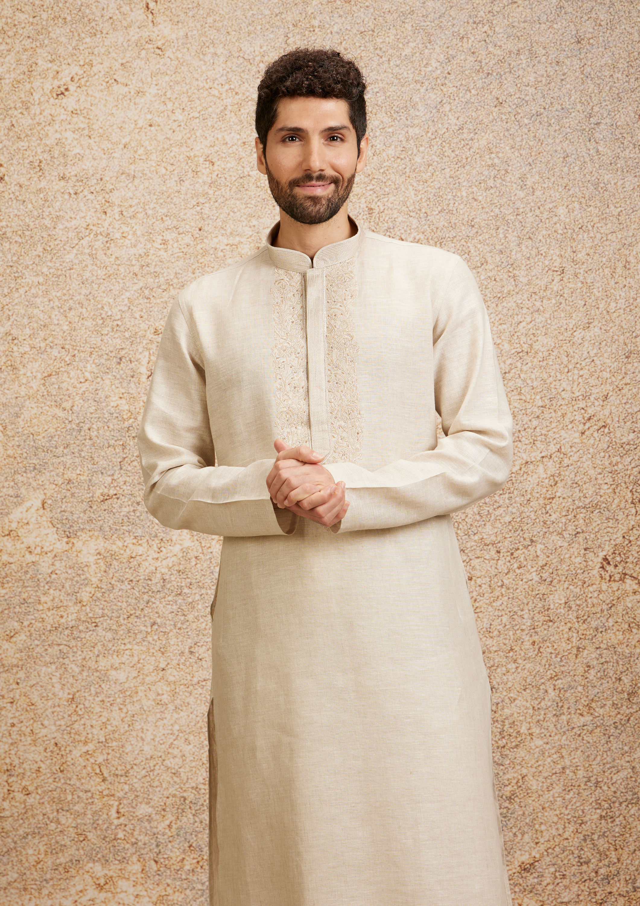 Twamev Men Warm White Embroidered Neckline Kurta Set