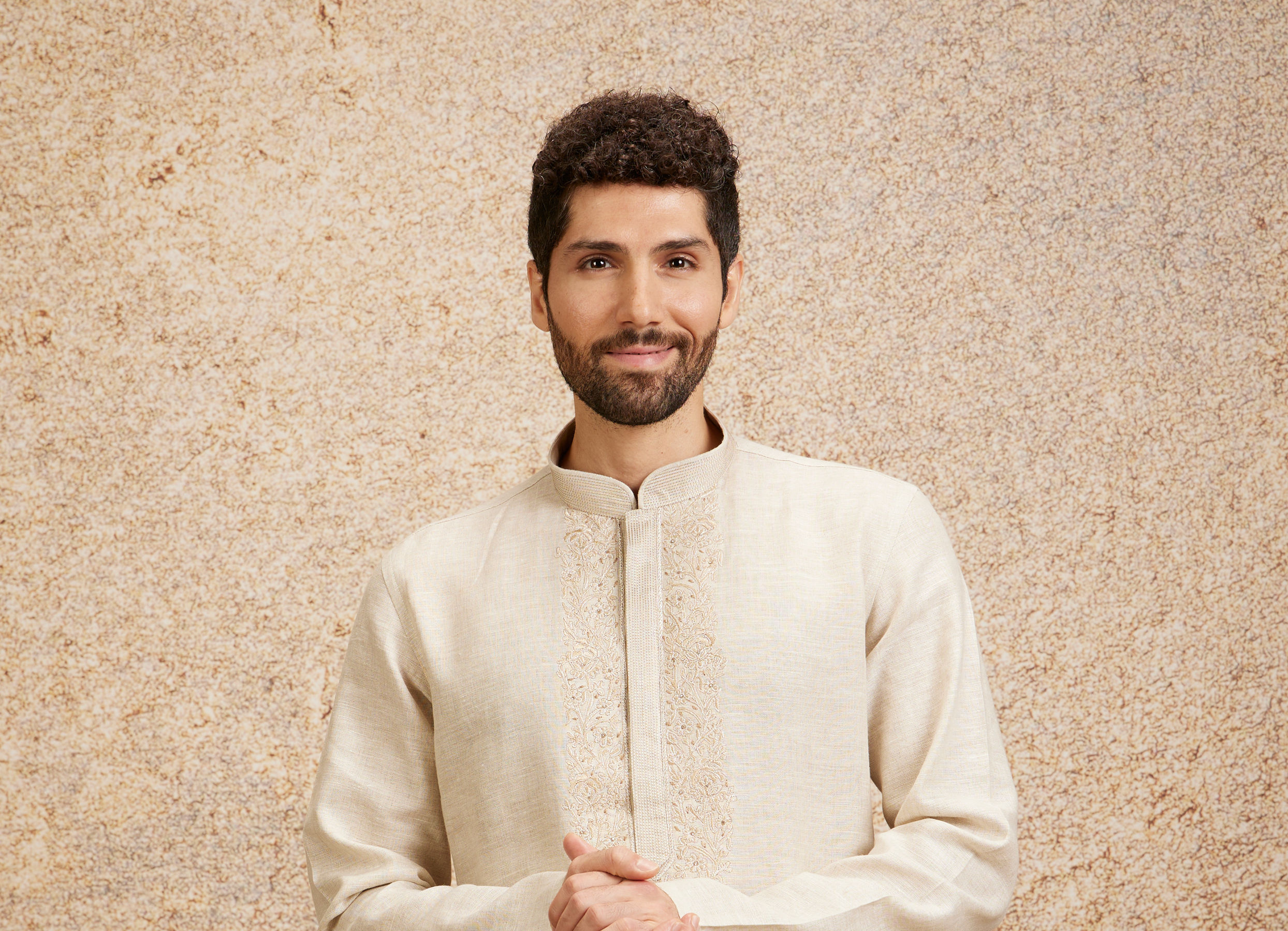 Twamev Men Warm White Embroidered Neckline Kurta Set