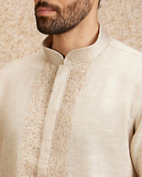 Twamev Men Warm White Embroidered Neckline Kurta Set