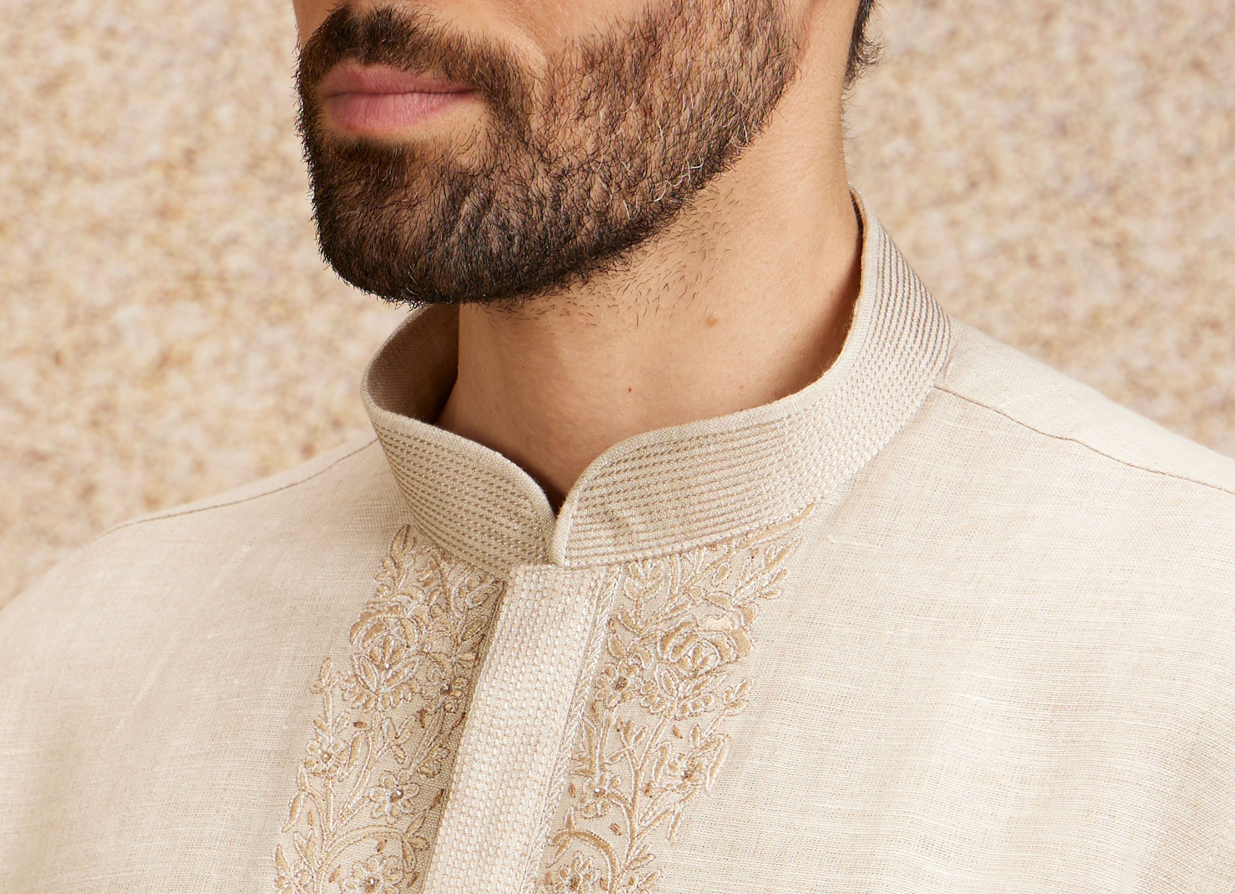 Twamev Men Warm White Embroidered Neckline Kurta Set