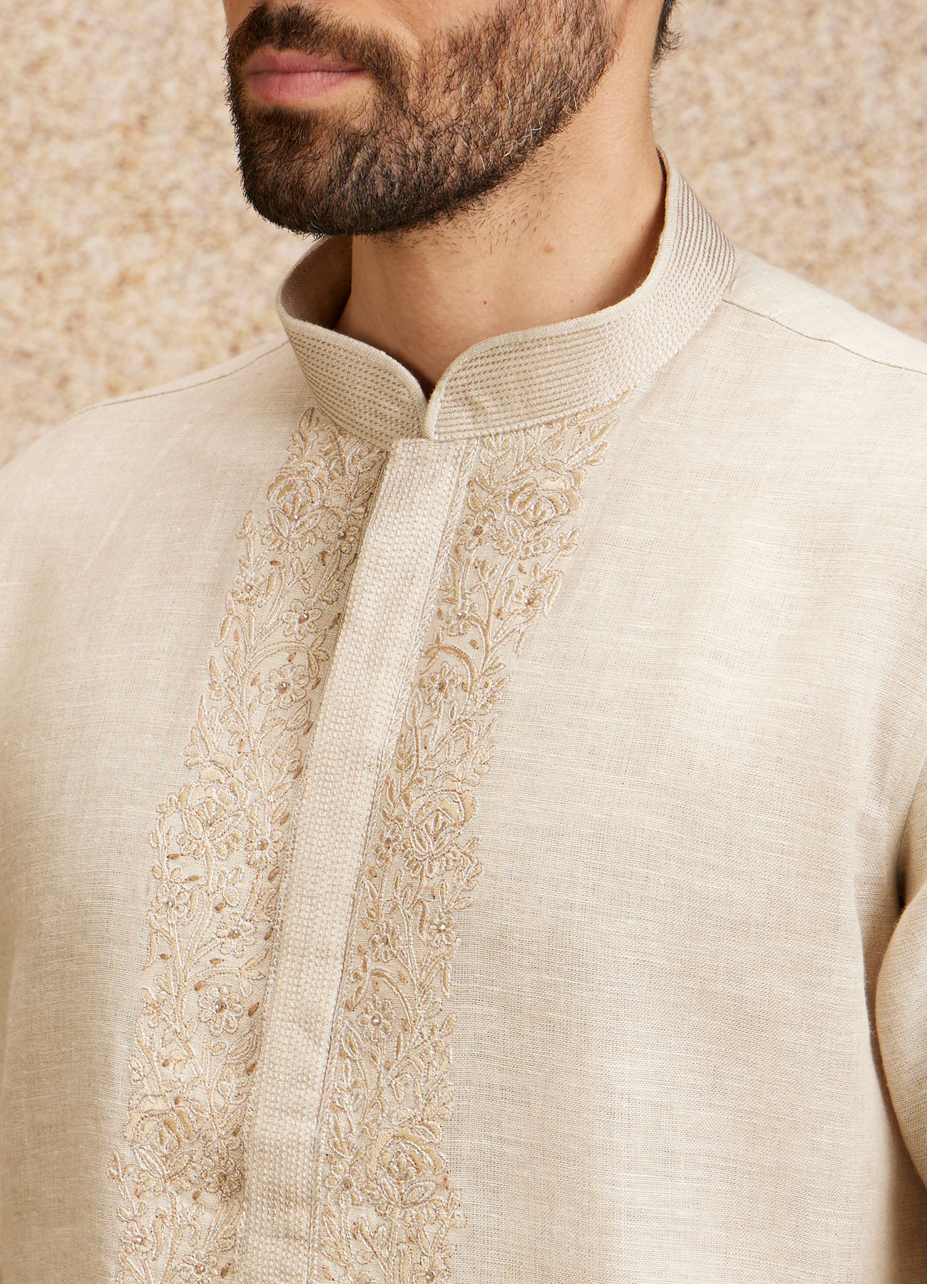 Twamev Men Warm White Embroidered Neckline Kurta Set