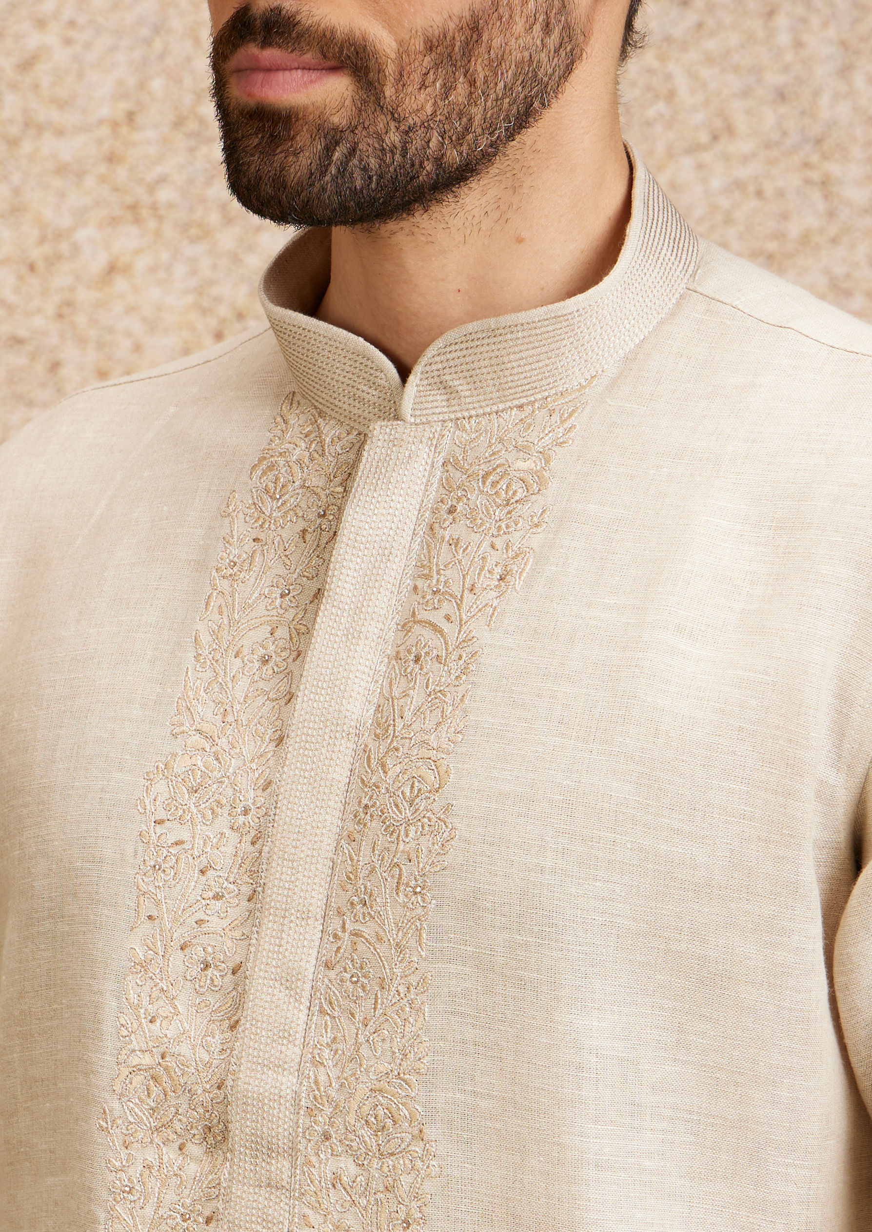 Twamev Men Warm White Embroidered Neckline Kurta Set