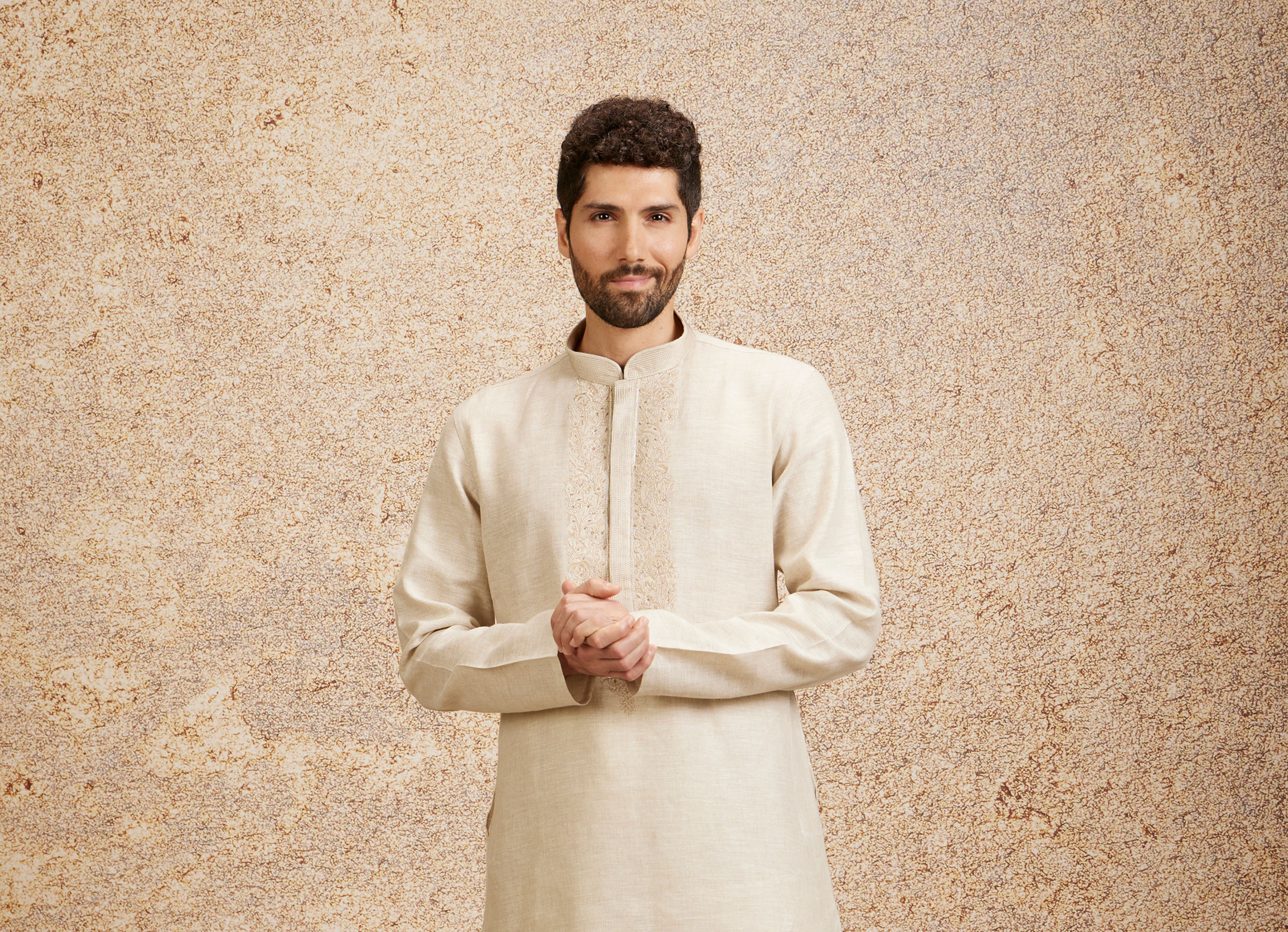 Twamev Men Warm White Embroidered Neckline Kurta Set