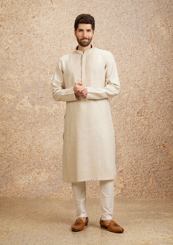 Twamev Men Warm White Embroidered Neckline Kurta Set