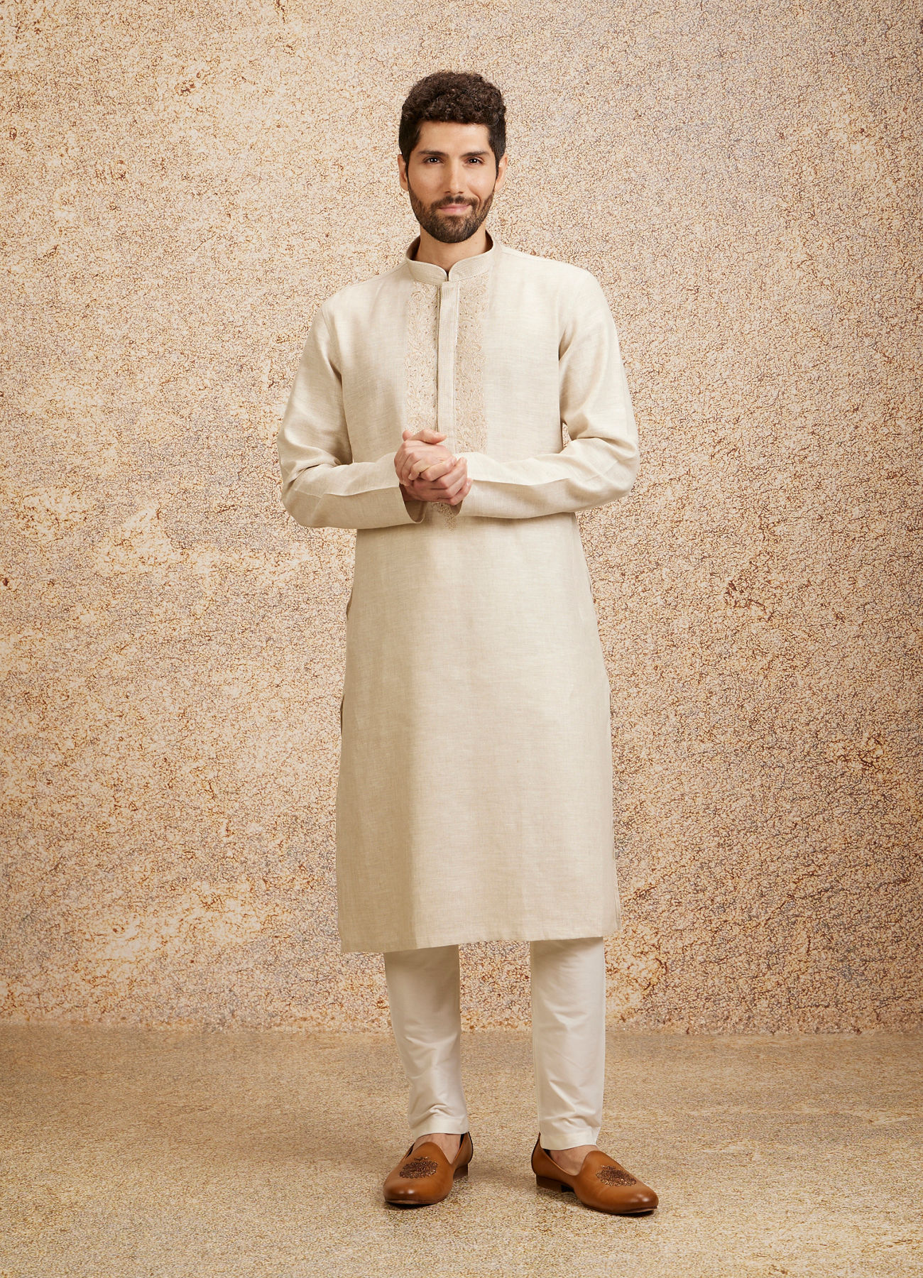 Twamev Men Warm White Embroidered Neckline Kurta Set