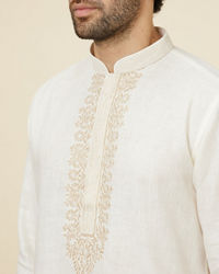 Twamev Men Ivory Linen Embroidered Kurta Set