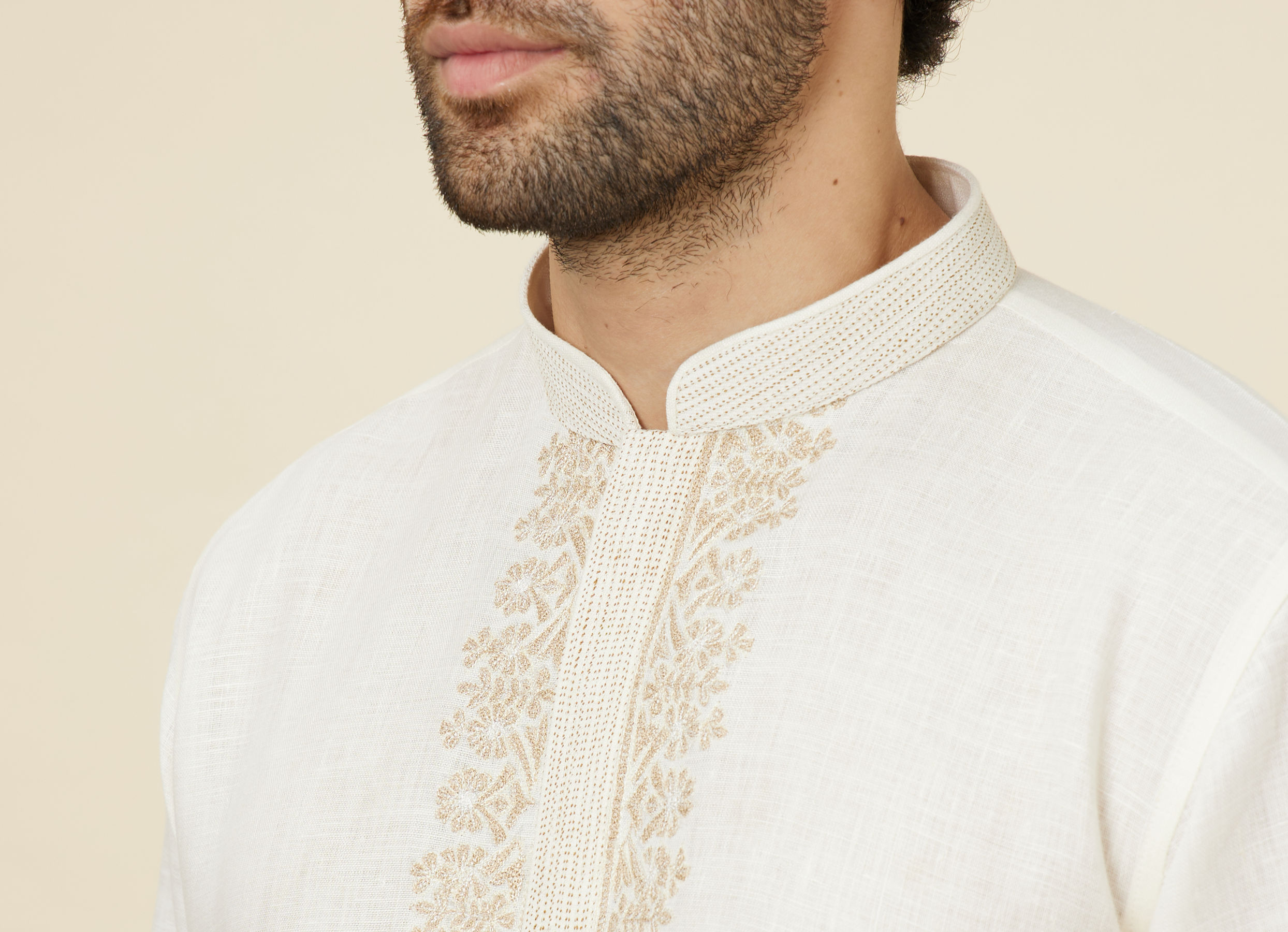 Twamev Men Ivory Linen Embroidered Kurta Set