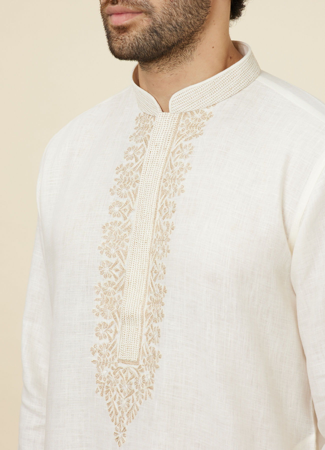 Twamev Men Ivory Linen Embroidered Kurta Set