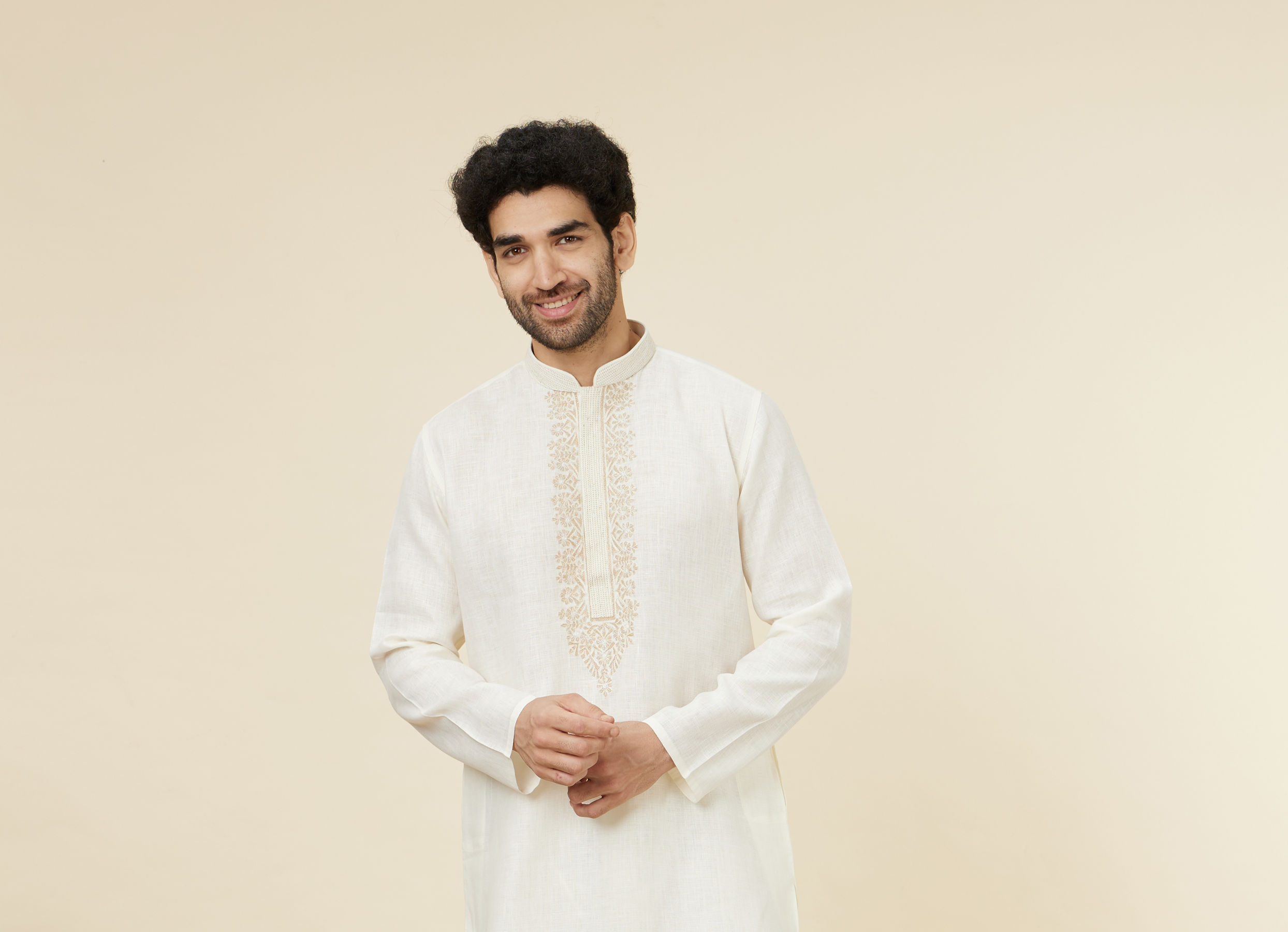 Twamev Men Ivory Linen Embroidered Kurta Set