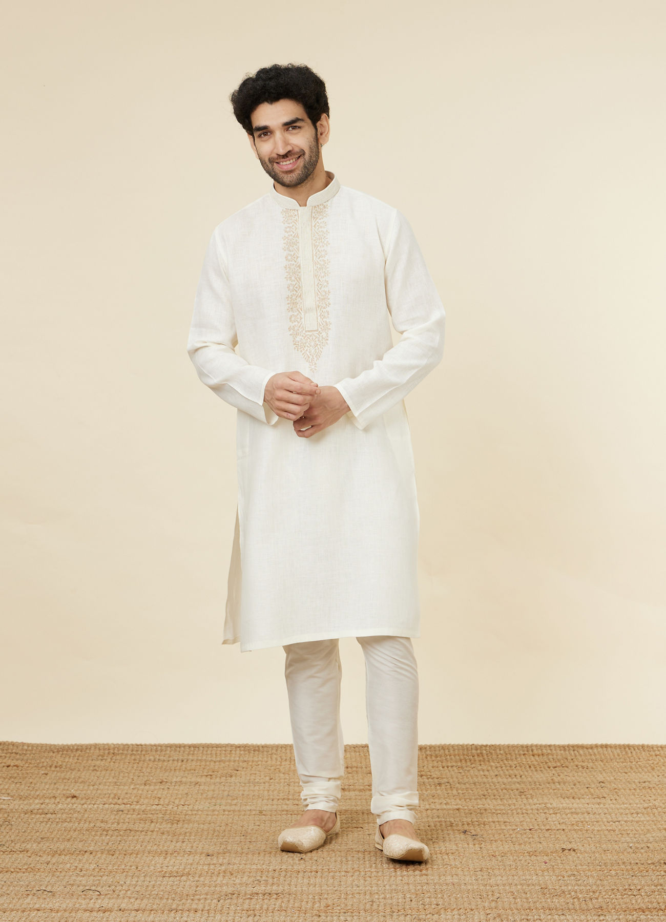 Twamev Men Ivory Linen Embroidered Kurta Set