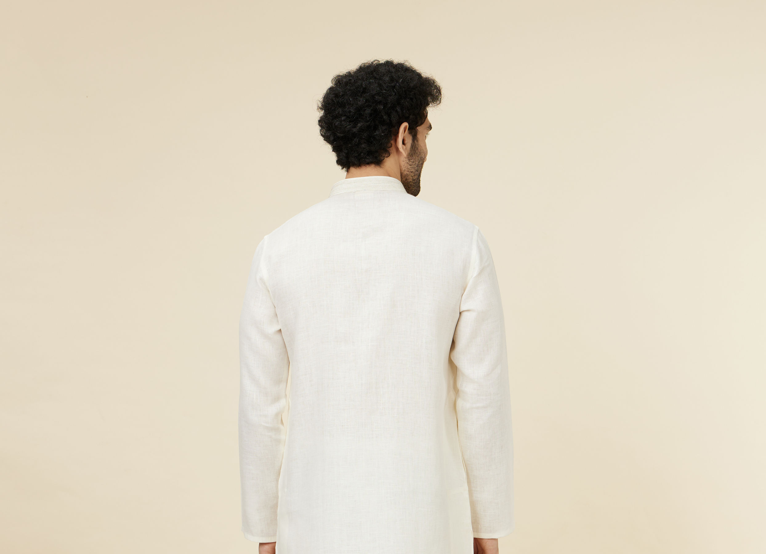 Twamev Men Ivory Linen Embroidered Kurta Set