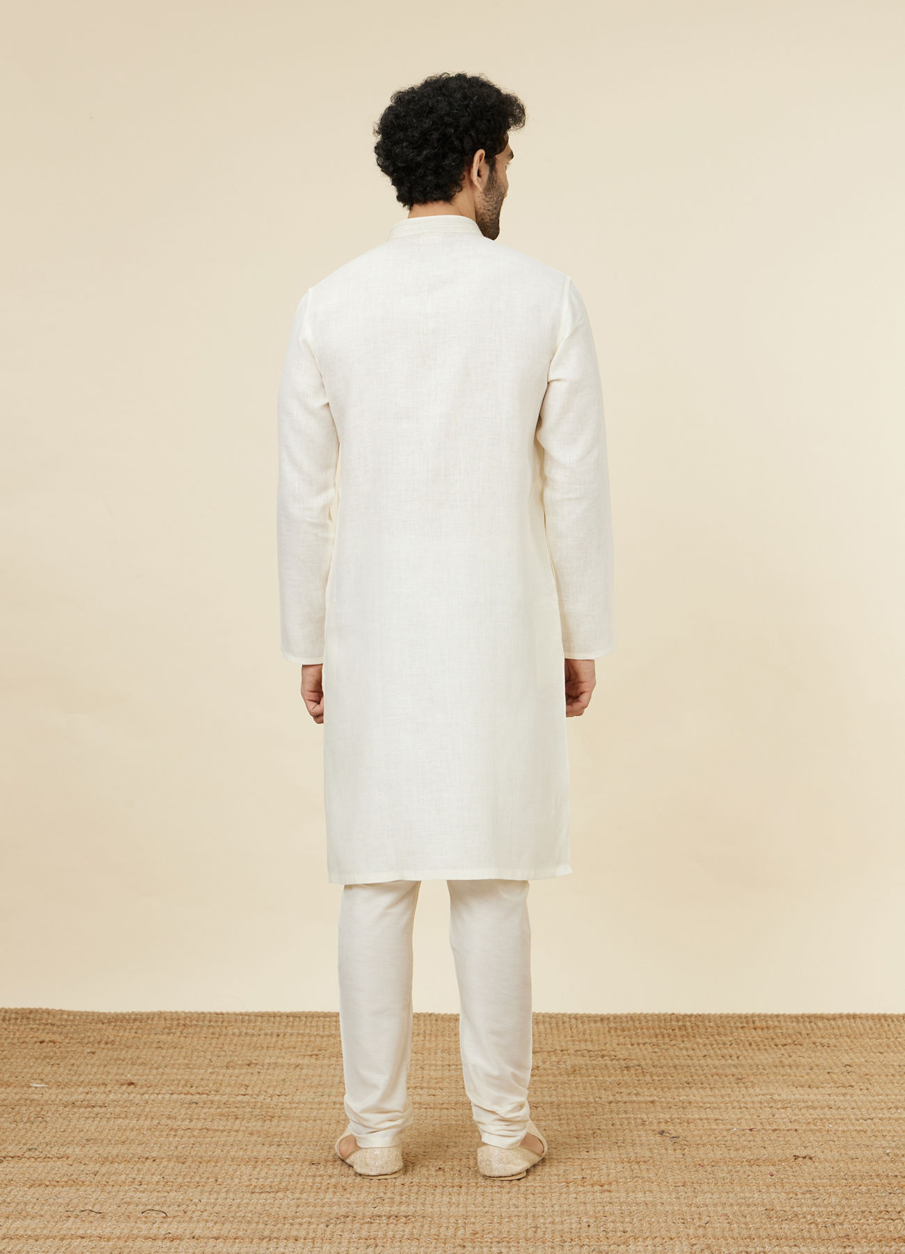 Twamev Men Ivory Linen Embroidered Kurta Set