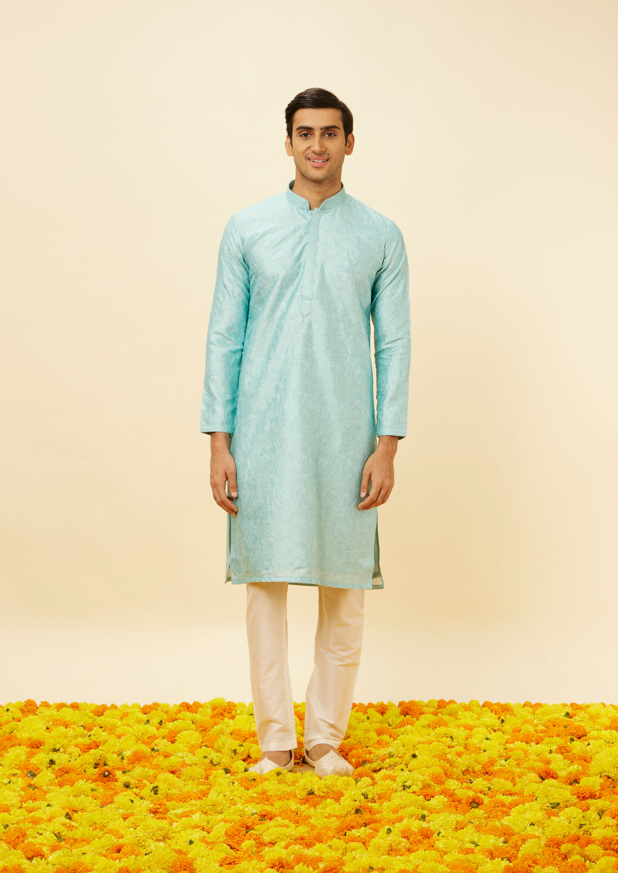 Twamev Men Icy Blue Bel Buti Printed Kurta Set